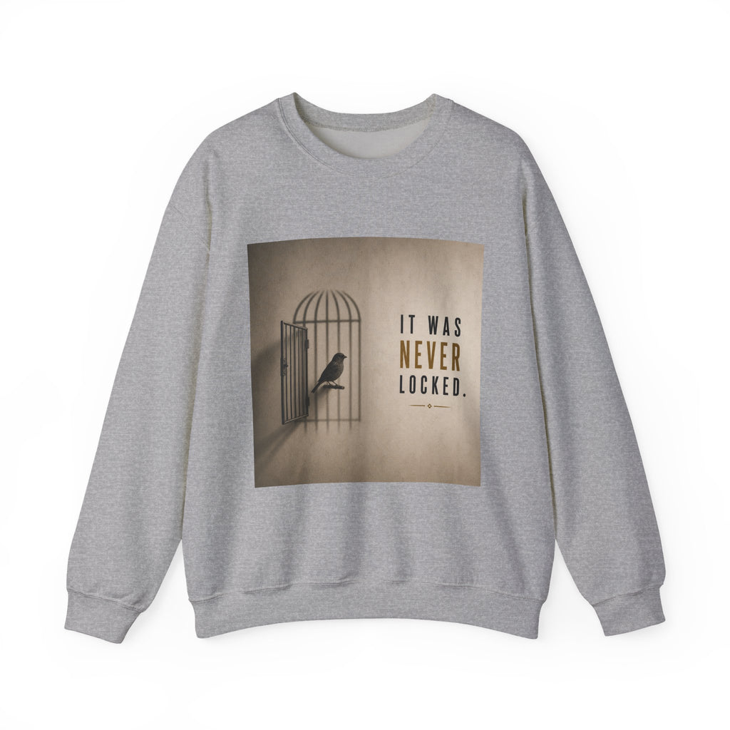Crewneck Sweatshirt — 'It Was Never Locked' Bird Cage Graphic
