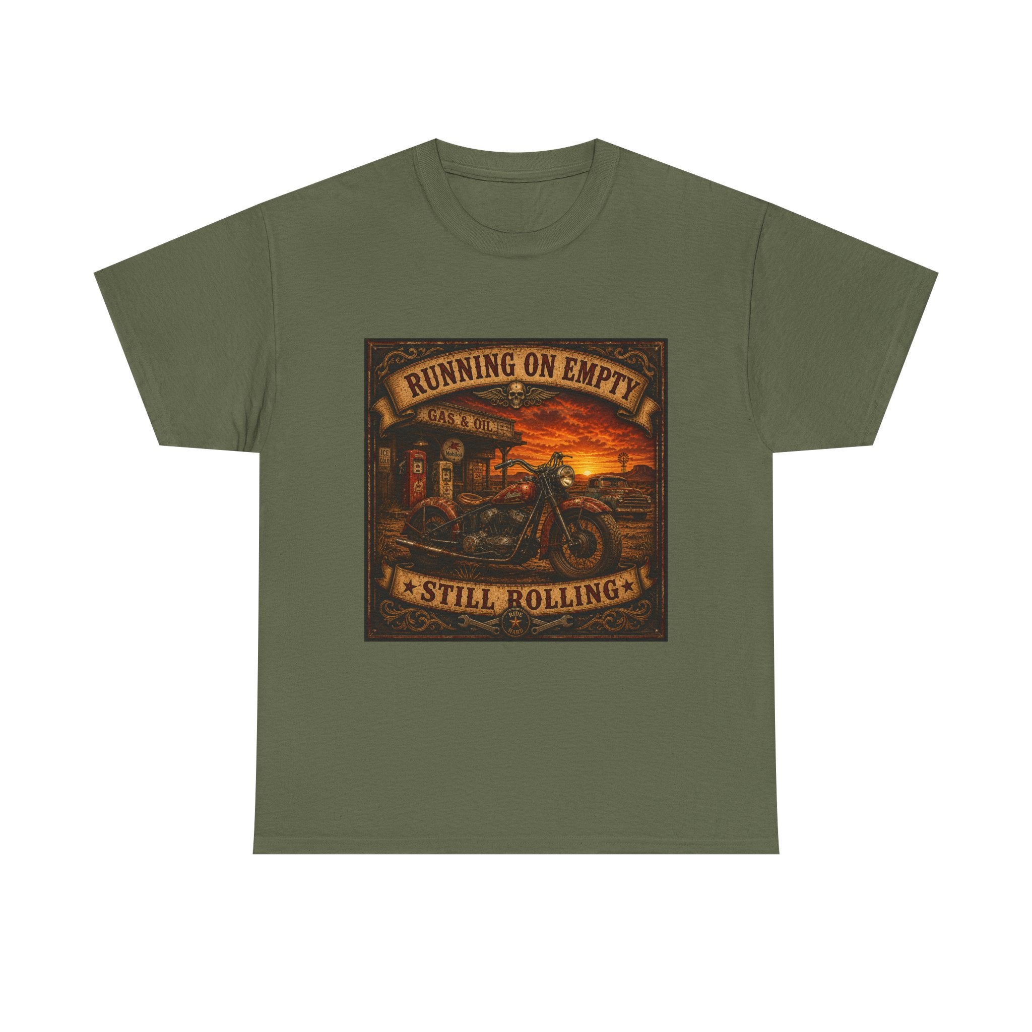 Running on Empty Motorcycle Tee — Vintage Biker Shirt ("Running on Empty Still Rolling")