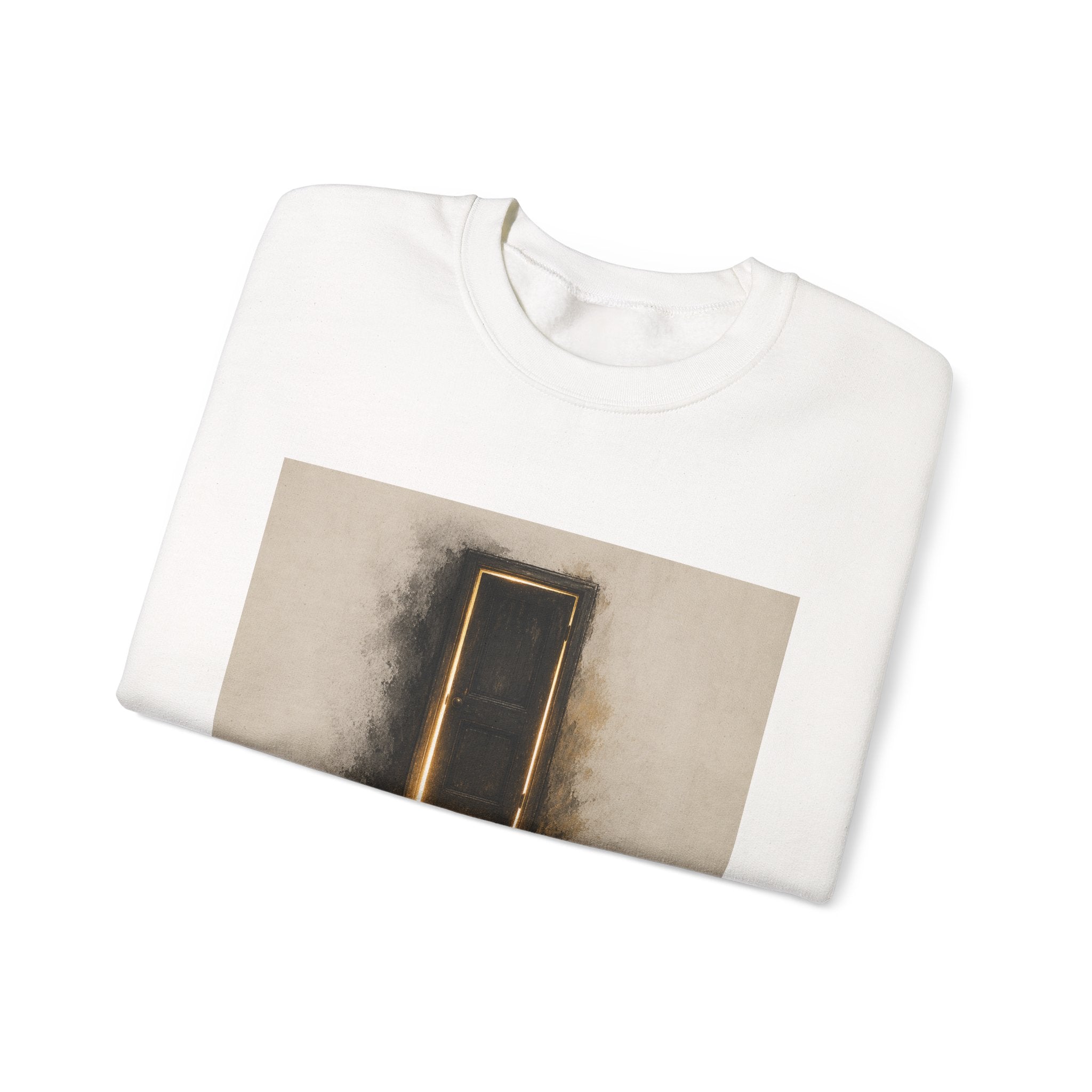 Crewneck Sweatshirt — 'Nothing Works Till You Agree With It' Motivational Door Graphic