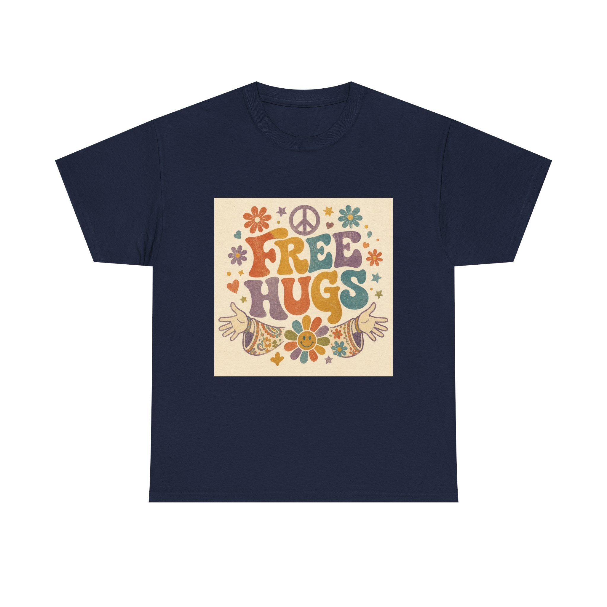 Free Hugs Tee — Retro 70s Floral Peace T-Shirt