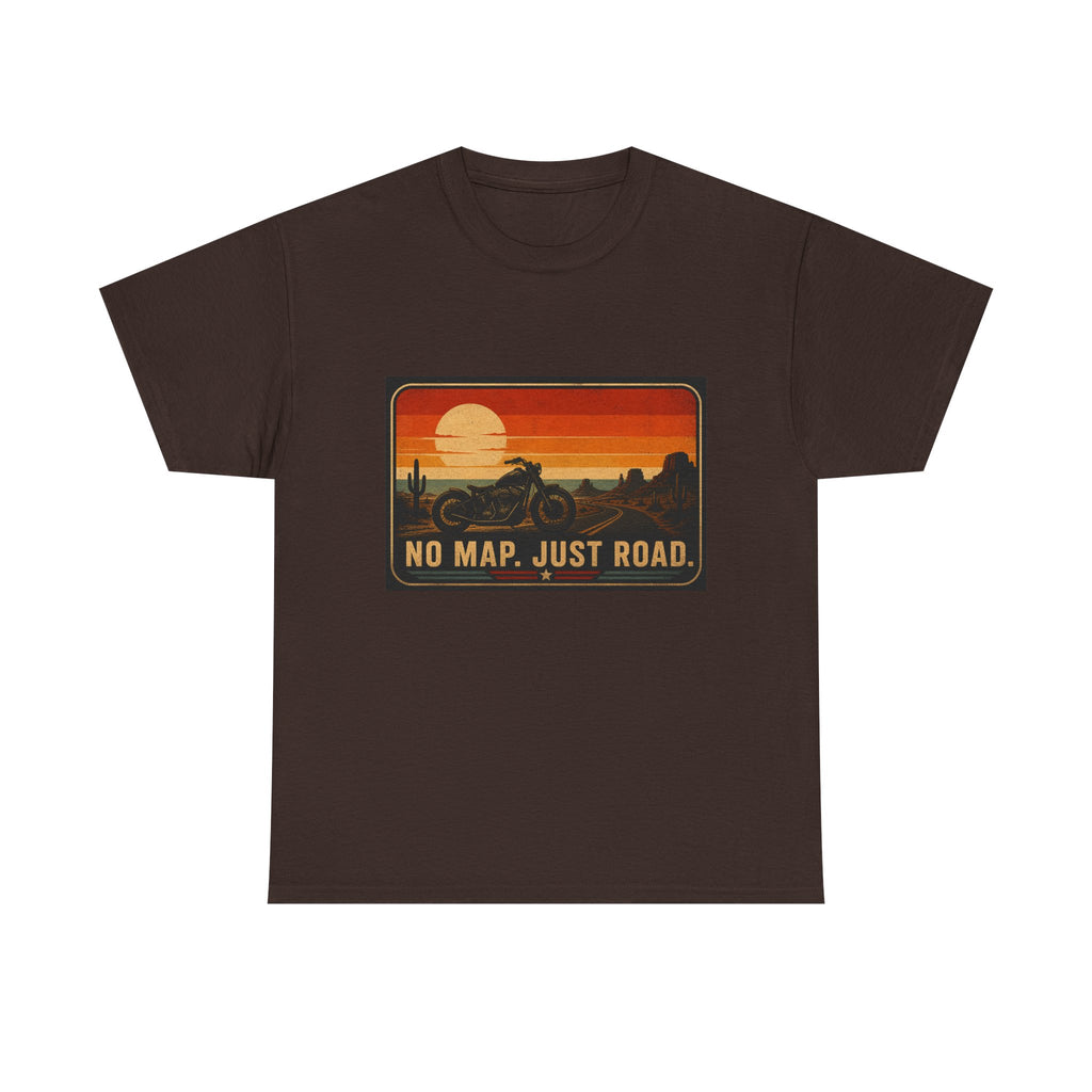 Motorcycle Sunset T‑Shirt — “No Map. Just Road.” Retro Adventure Tee