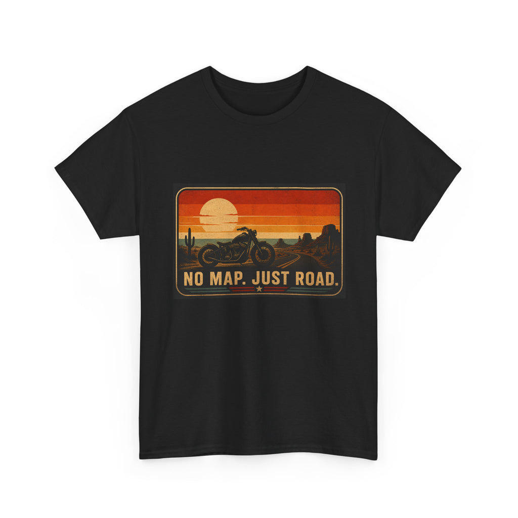 Motorcycle Sunset T‑Shirt — “No Map. Just Road.” Retro Adventure Tee