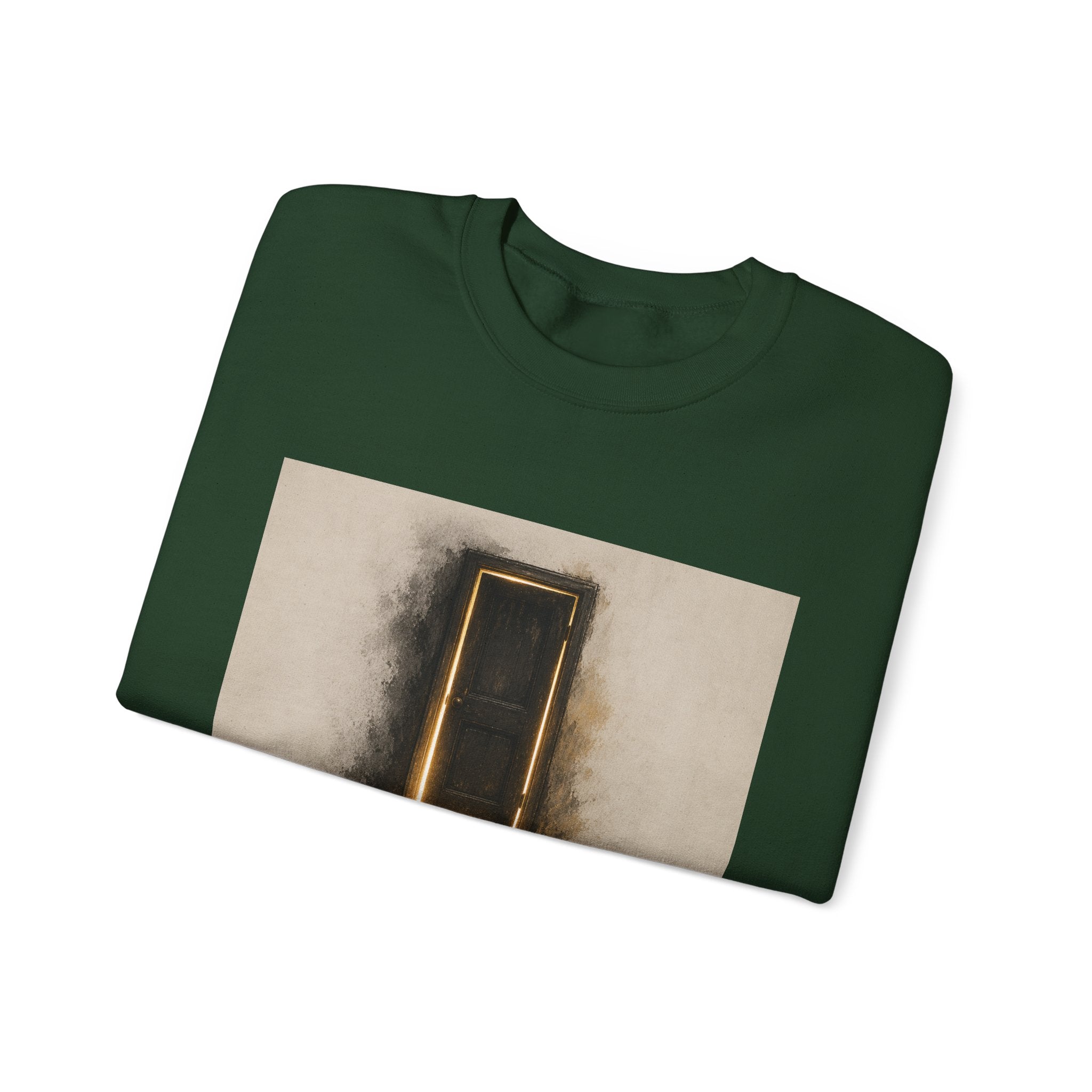Crewneck Sweatshirt — 'Nothing Works Till You Agree With It' Motivational Door Graphic