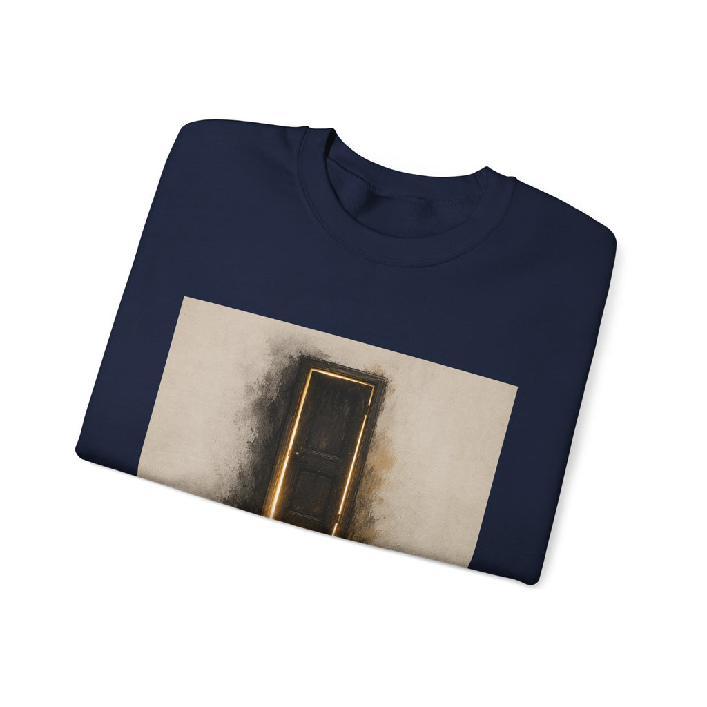 Crewneck Sweatshirt — 'Nothing Works Till You Agree With It' Motivational Door Graphic
