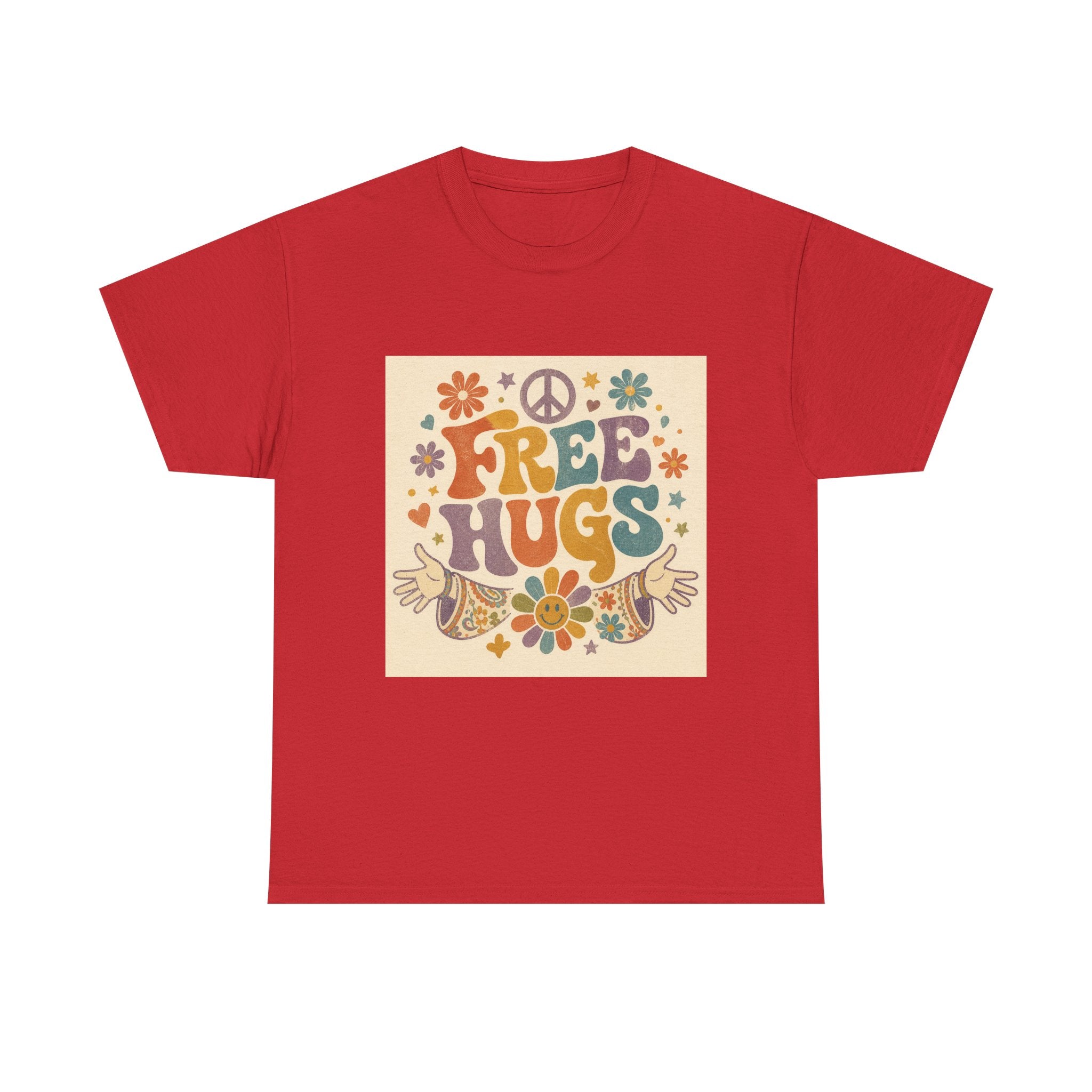 Free Hugs Tee — Retro 70s Floral Peace T-Shirt