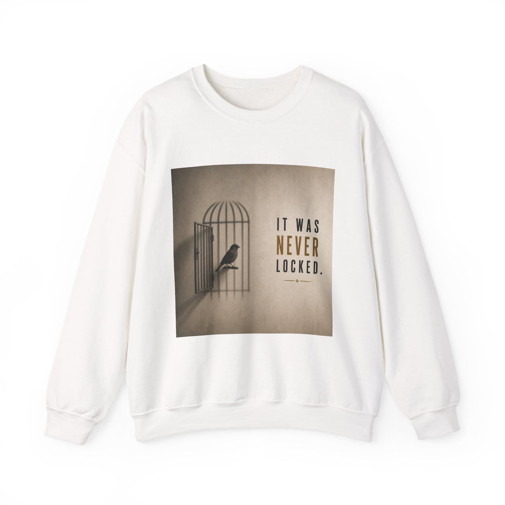 Crewneck Sweatshirt — 'It Was Never Locked' Bird Cage Graphic