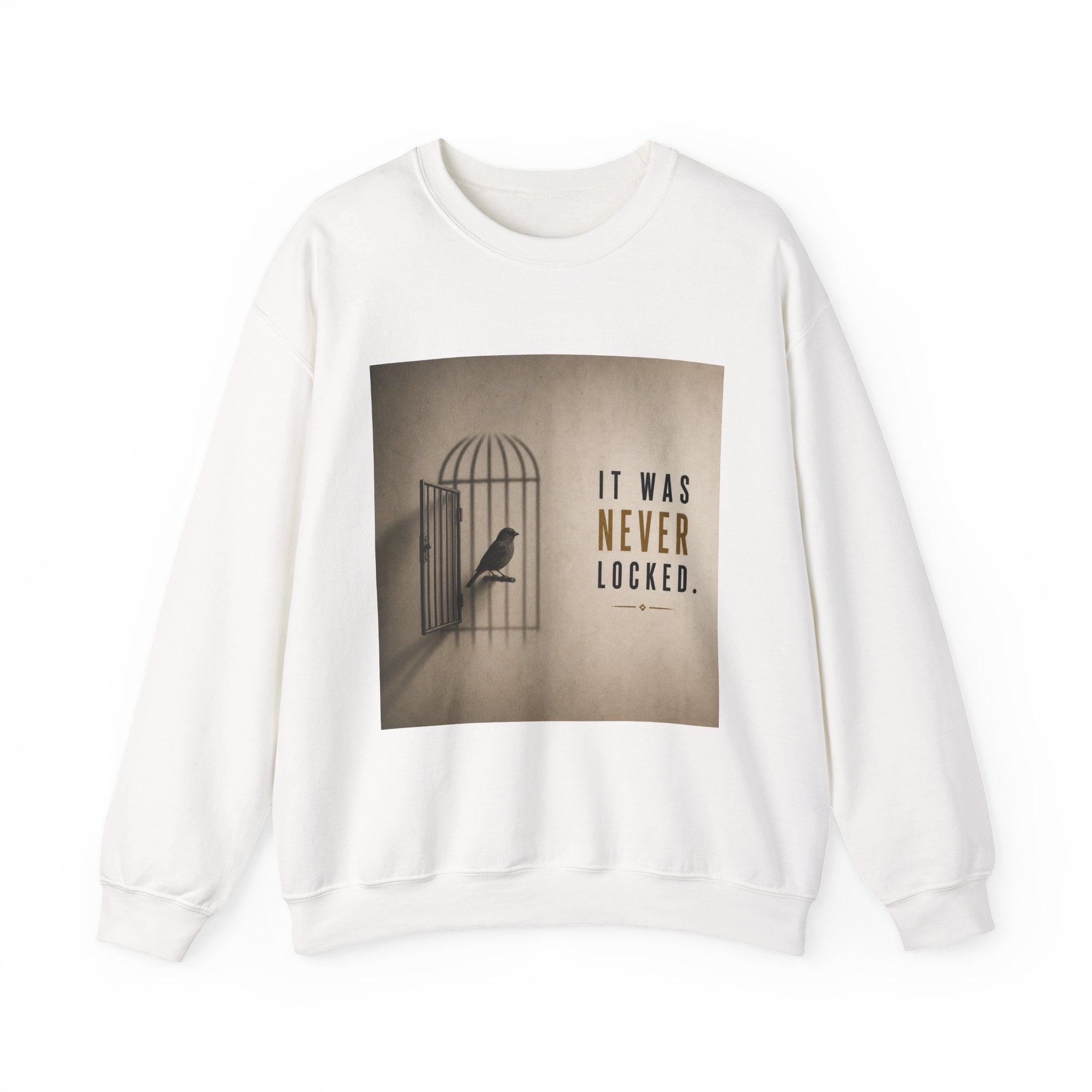 Crewneck Sweatshirt — 'It Was Never Locked' Bird Cage Graphic