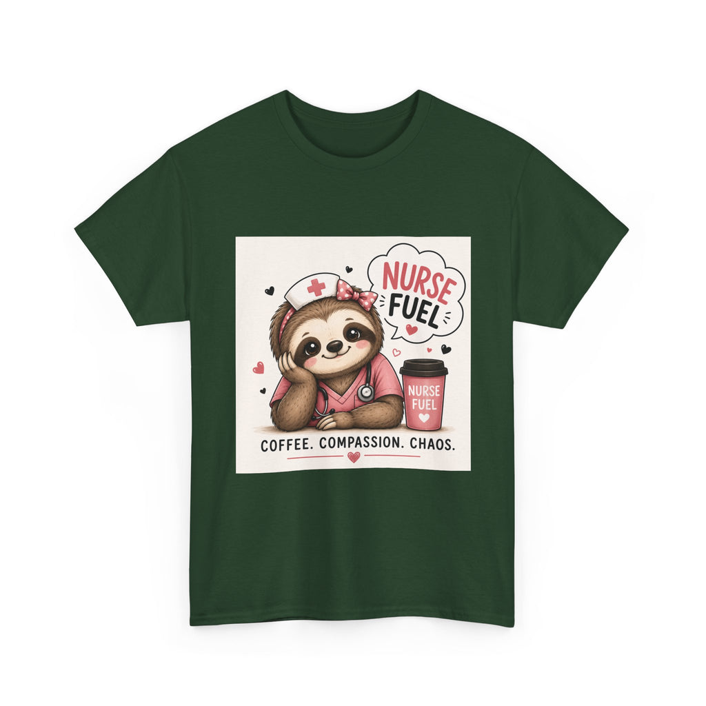 Nurse Fuel Sloth T‑Shirt — Coffee, Compassion, Chaos Cute Nursing Tee