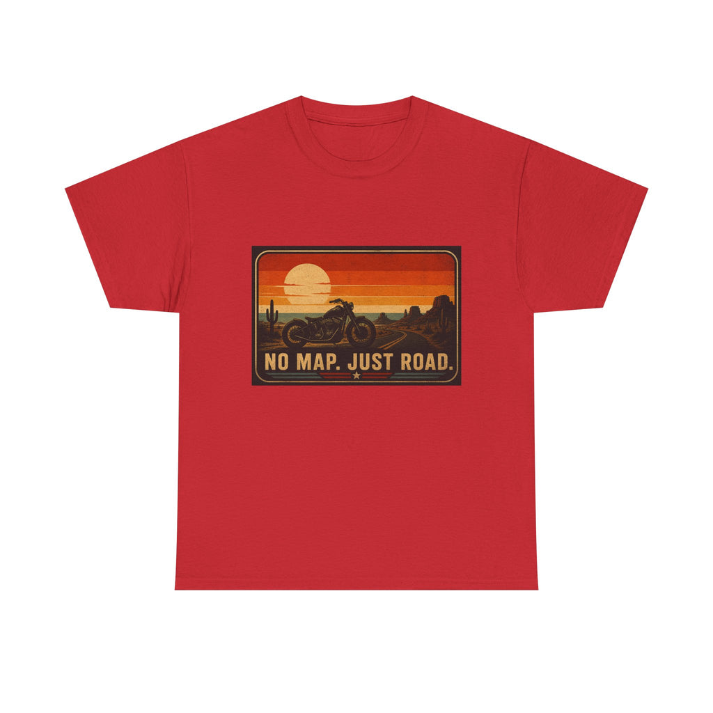 Motorcycle Sunset T‑Shirt — “No Map. Just Road.” Retro Adventure Tee