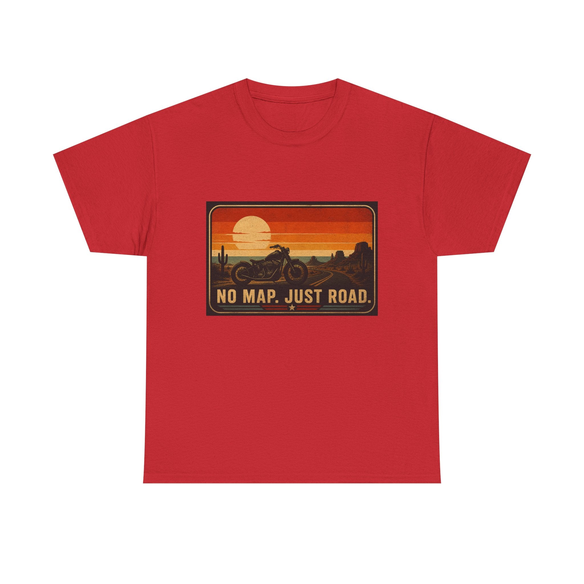 Motorcycle Sunset T‑Shirt — “No Map. Just Road.” Retro Adventure Tee