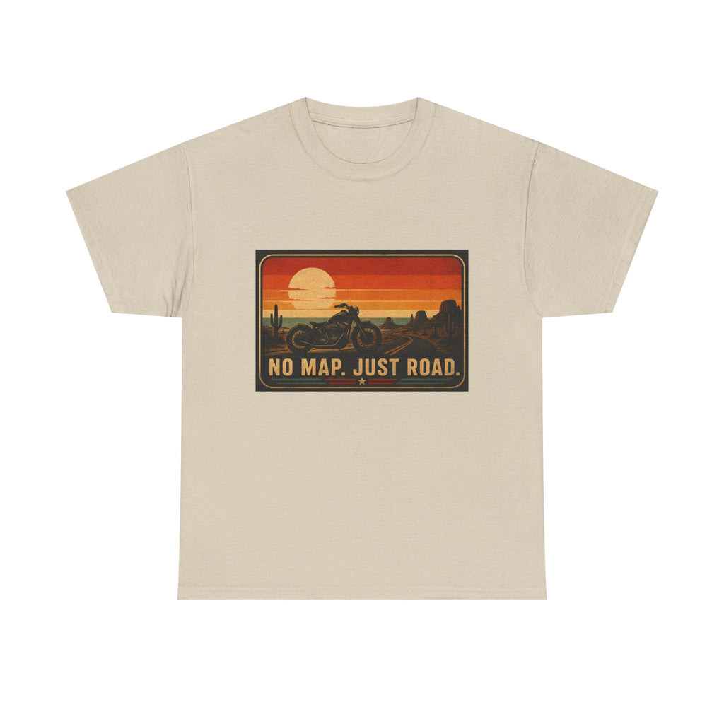 Motorcycle Sunset T‑Shirt — “No Map. Just Road.” Retro Adventure Tee