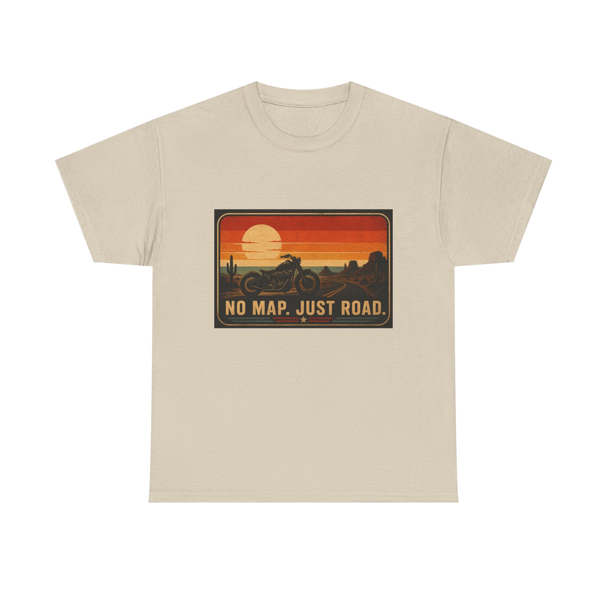 Motorcycle Sunset T‑Shirt — “No Map. Just Road.” Retro Adventure Tee