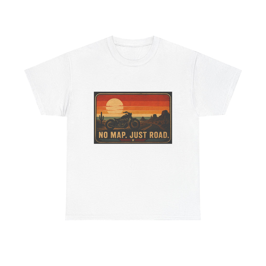 Motorcycle Sunset T‑Shirt — “No Map. Just Road.” Retro Adventure Tee