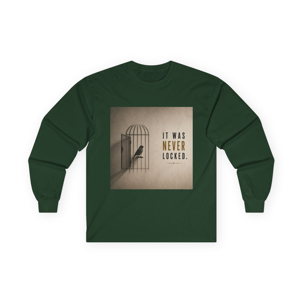 Long Sleeve Tee — "It Was Never Locked" Bird Cage Freedom Graphic