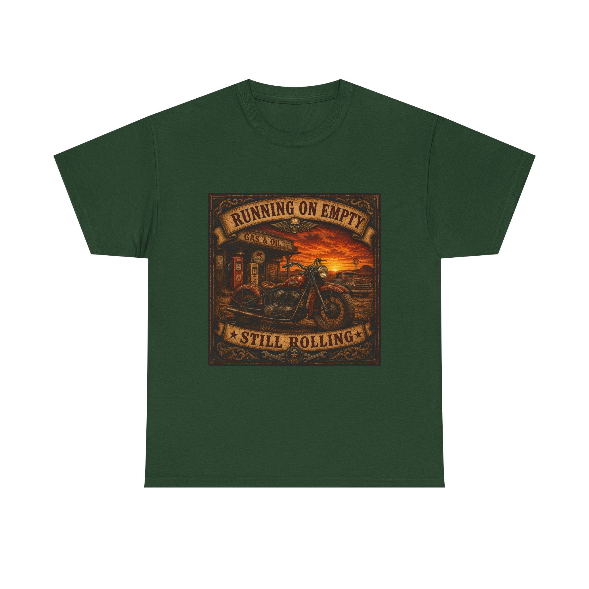 Running on Empty Motorcycle Tee — Vintage Biker Shirt ("Running on Empty Still Rolling")