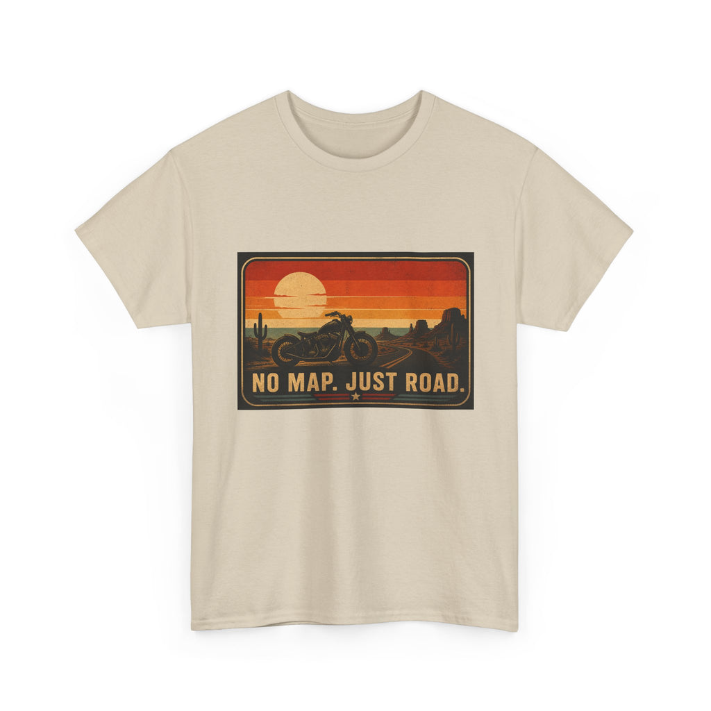Motorcycle Sunset T‑Shirt — “No Map. Just Road.” Retro Adventure Tee