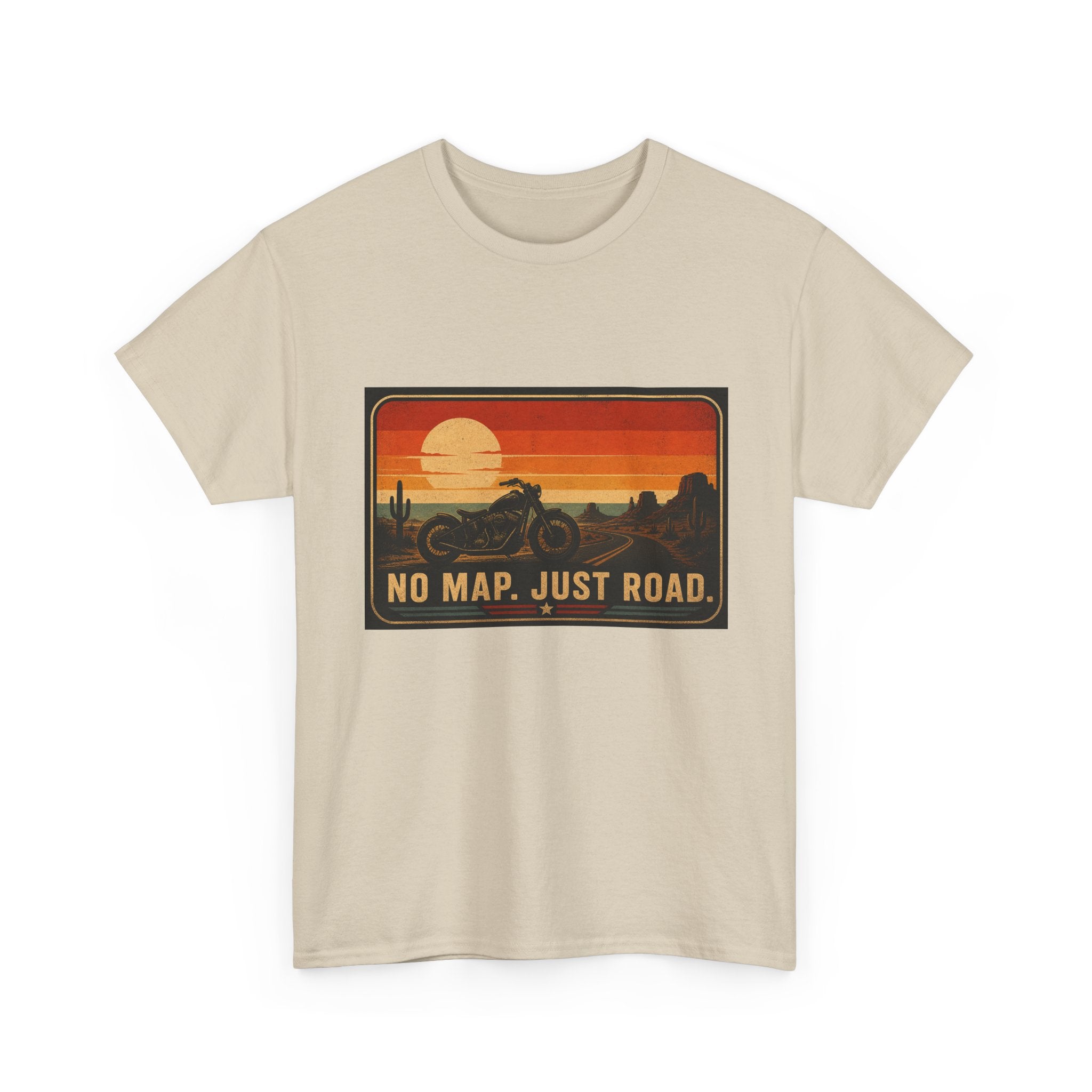 Motorcycle Sunset T‑Shirt — “No Map. Just Road.” Retro Adventure Tee
