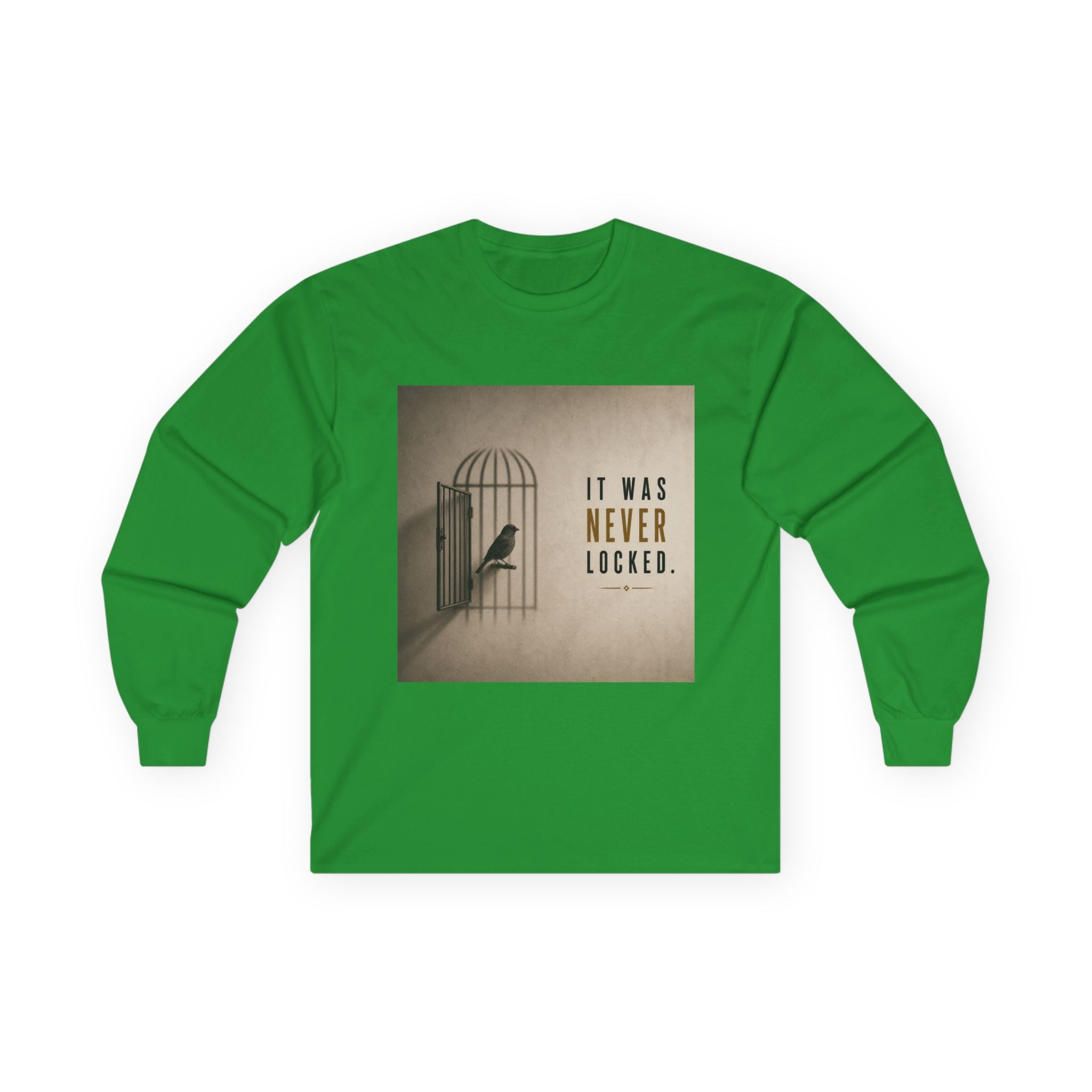 Long Sleeve Tee — "It Was Never Locked" Bird Cage Freedom Graphic