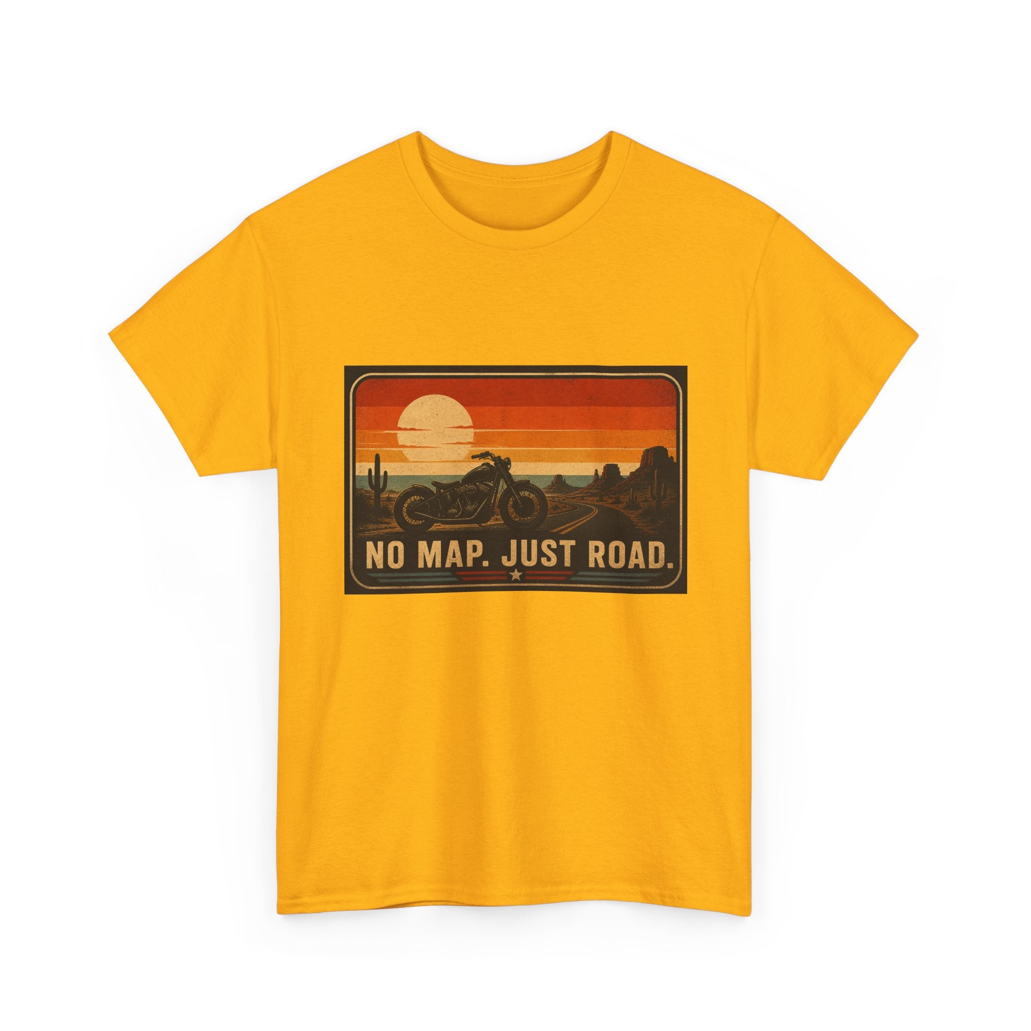Motorcycle Sunset T‑Shirt — “No Map. Just Road.” Retro Adventure Tee
