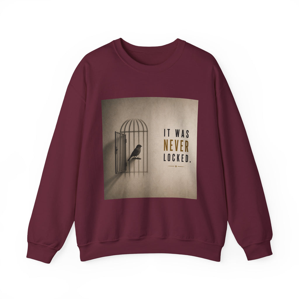 Crewneck Sweatshirt — 'It Was Never Locked' Bird Cage Graphic