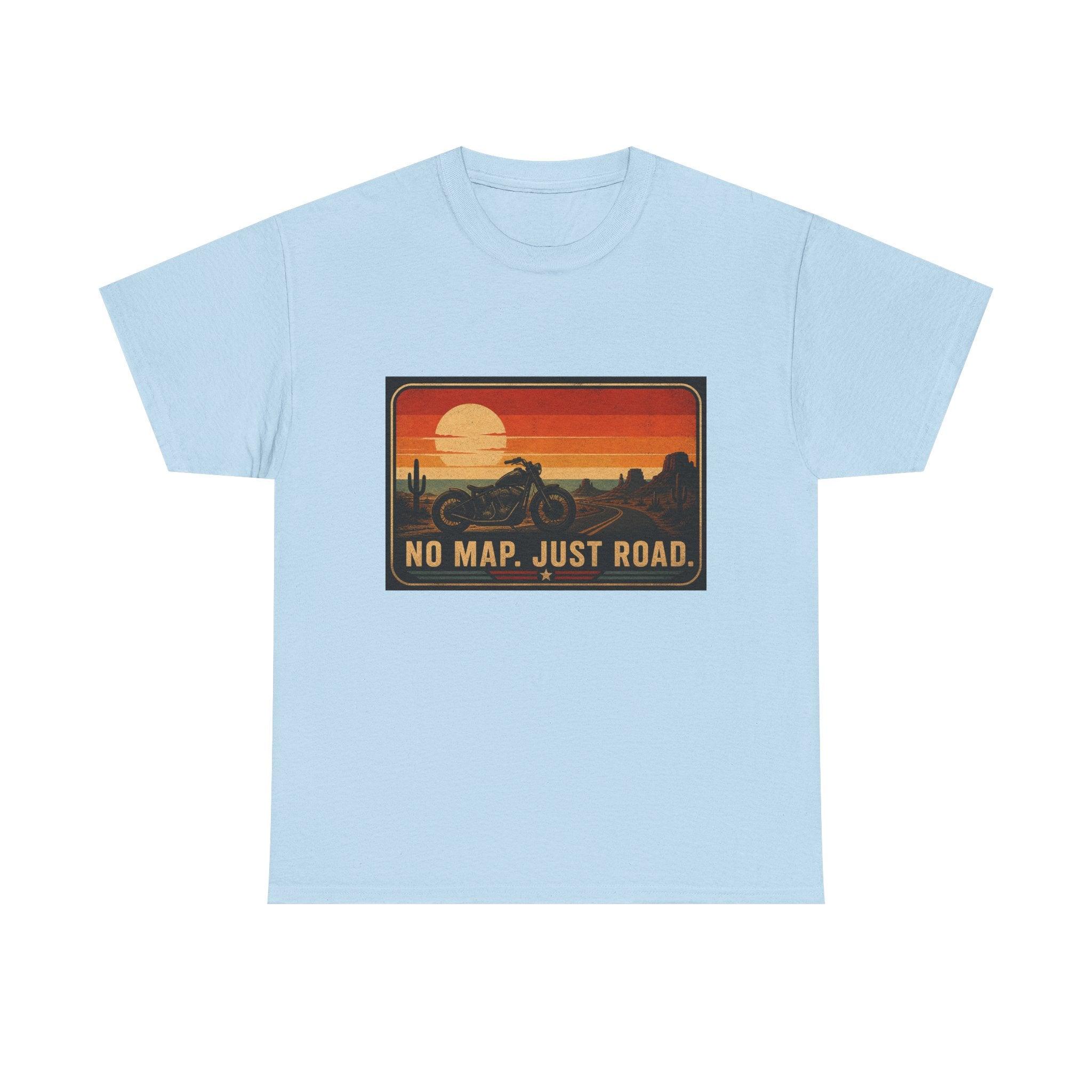 Motorcycle Sunset T‑Shirt — “No Map. Just Road.” Retro Adventure Tee