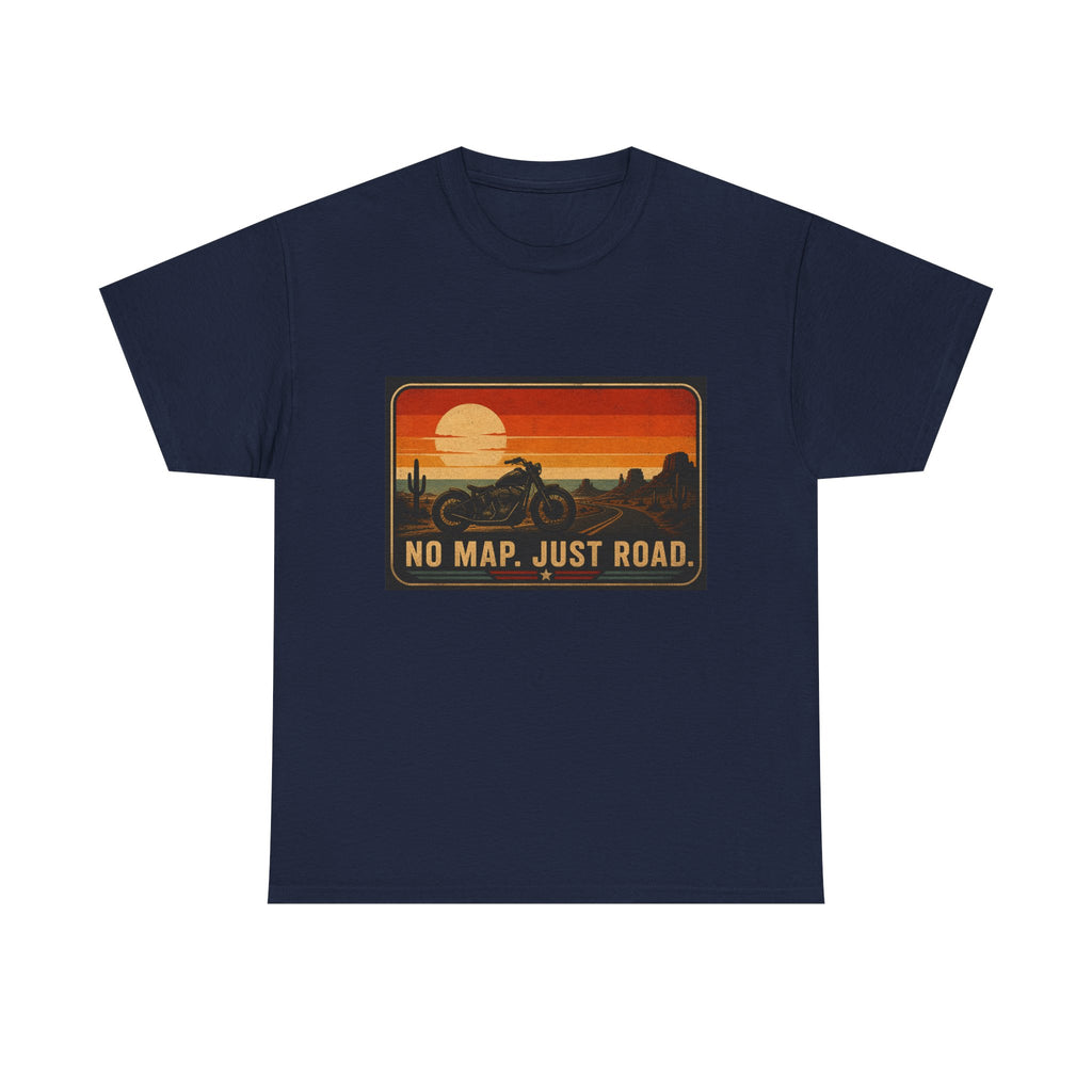 Motorcycle Sunset T‑Shirt — “No Map. Just Road.” Retro Adventure Tee