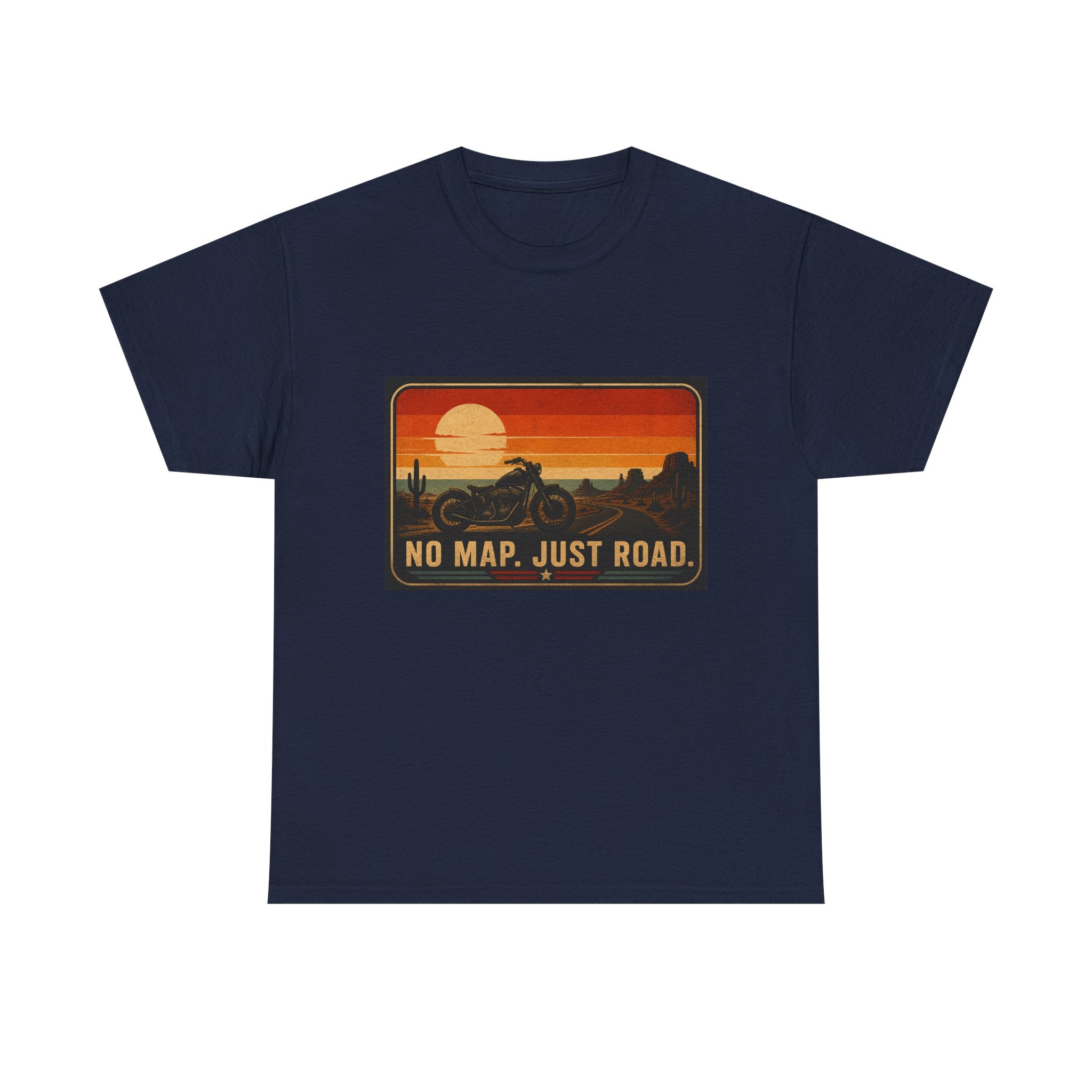 Motorcycle Sunset T‑Shirt — “No Map. Just Road.” Retro Adventure Tee
