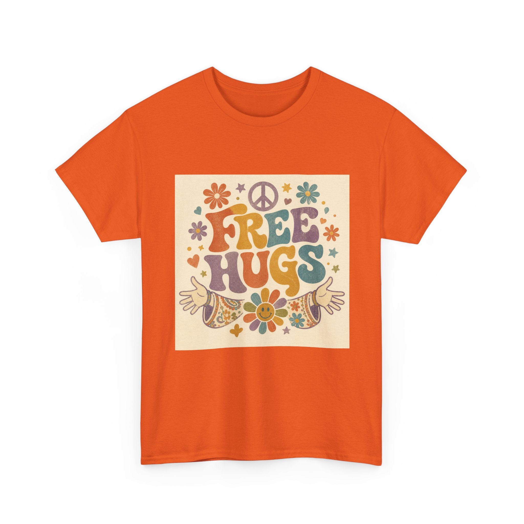 Free Hugs Tee — Retro 70s Floral Peace T-Shirt