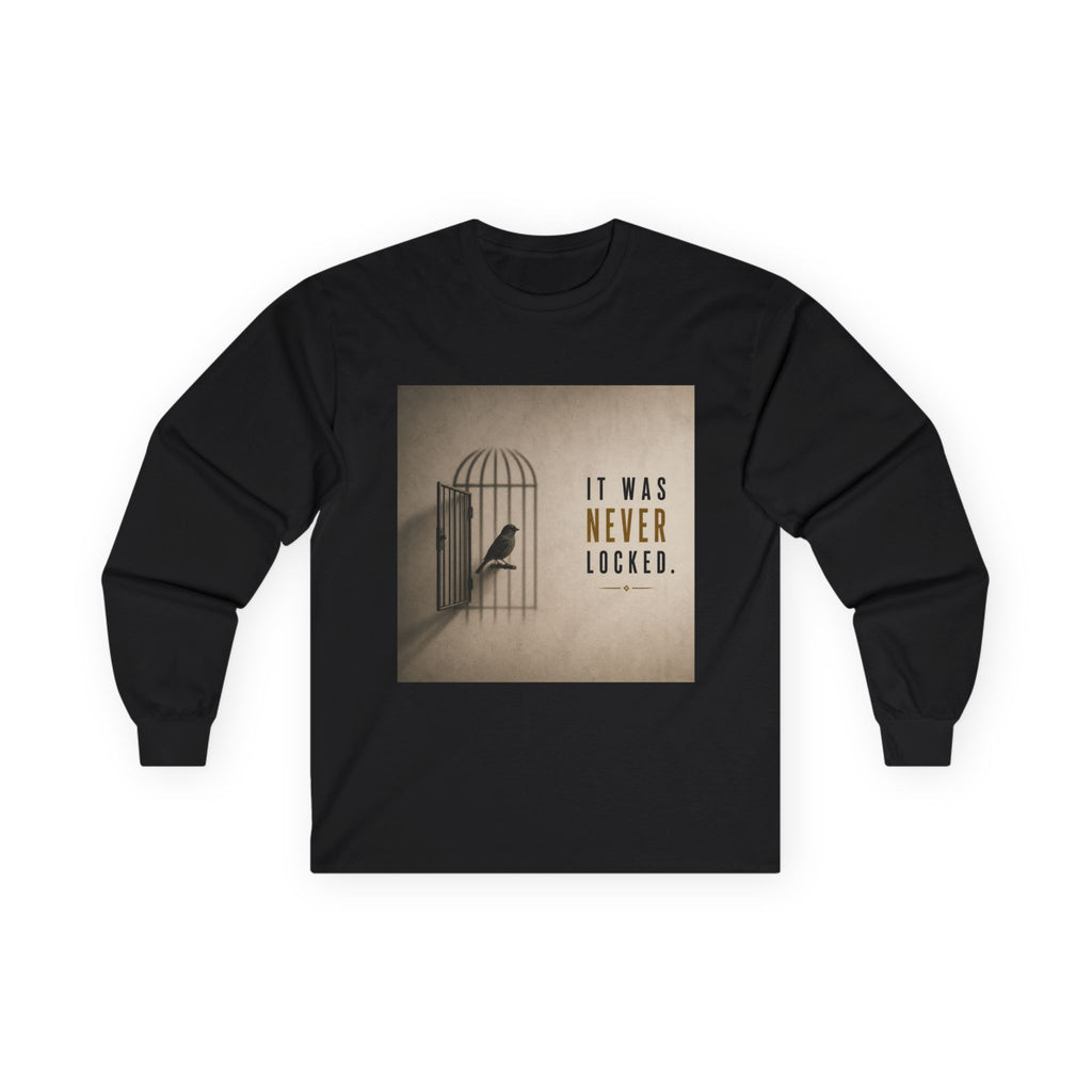 Long Sleeve Tee — "It Was Never Locked" Bird Cage Freedom Graphic