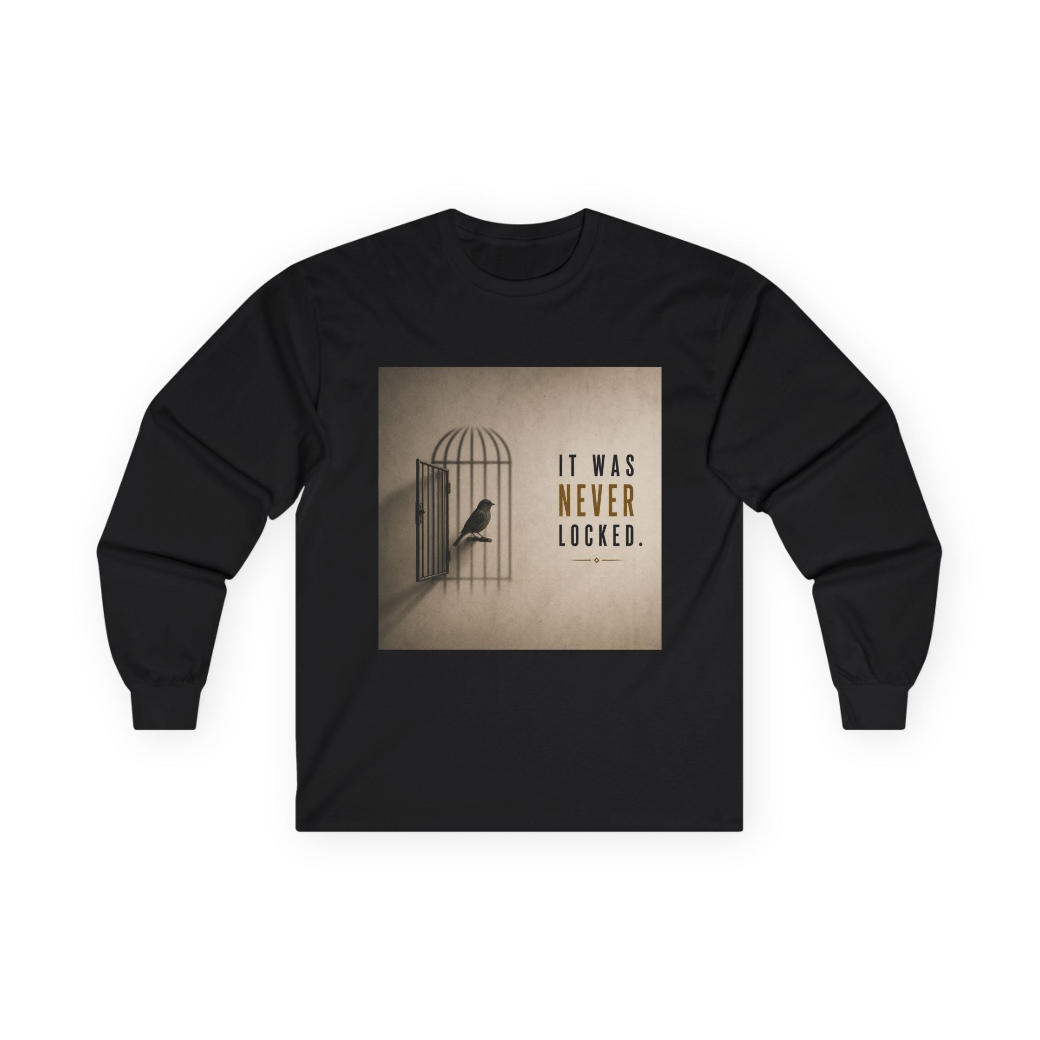 Long Sleeve Tee — "It Was Never Locked" Bird Cage Freedom Graphic