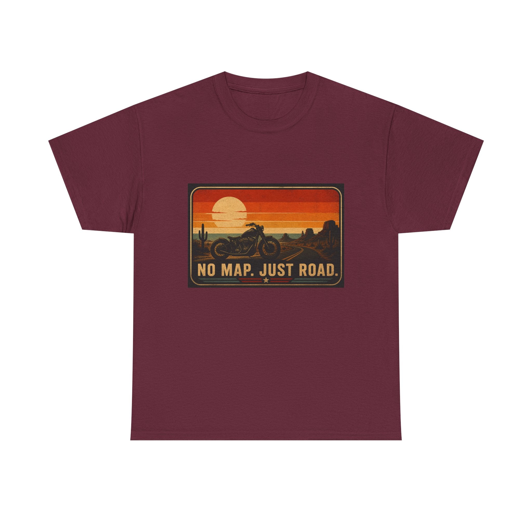 Motorcycle Sunset T‑Shirt — “No Map. Just Road.” Retro Adventure Tee