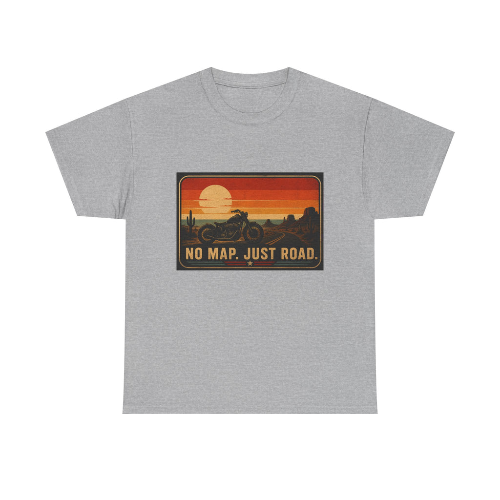 Motorcycle Sunset T‑Shirt — “No Map. Just Road.” Retro Adventure Tee