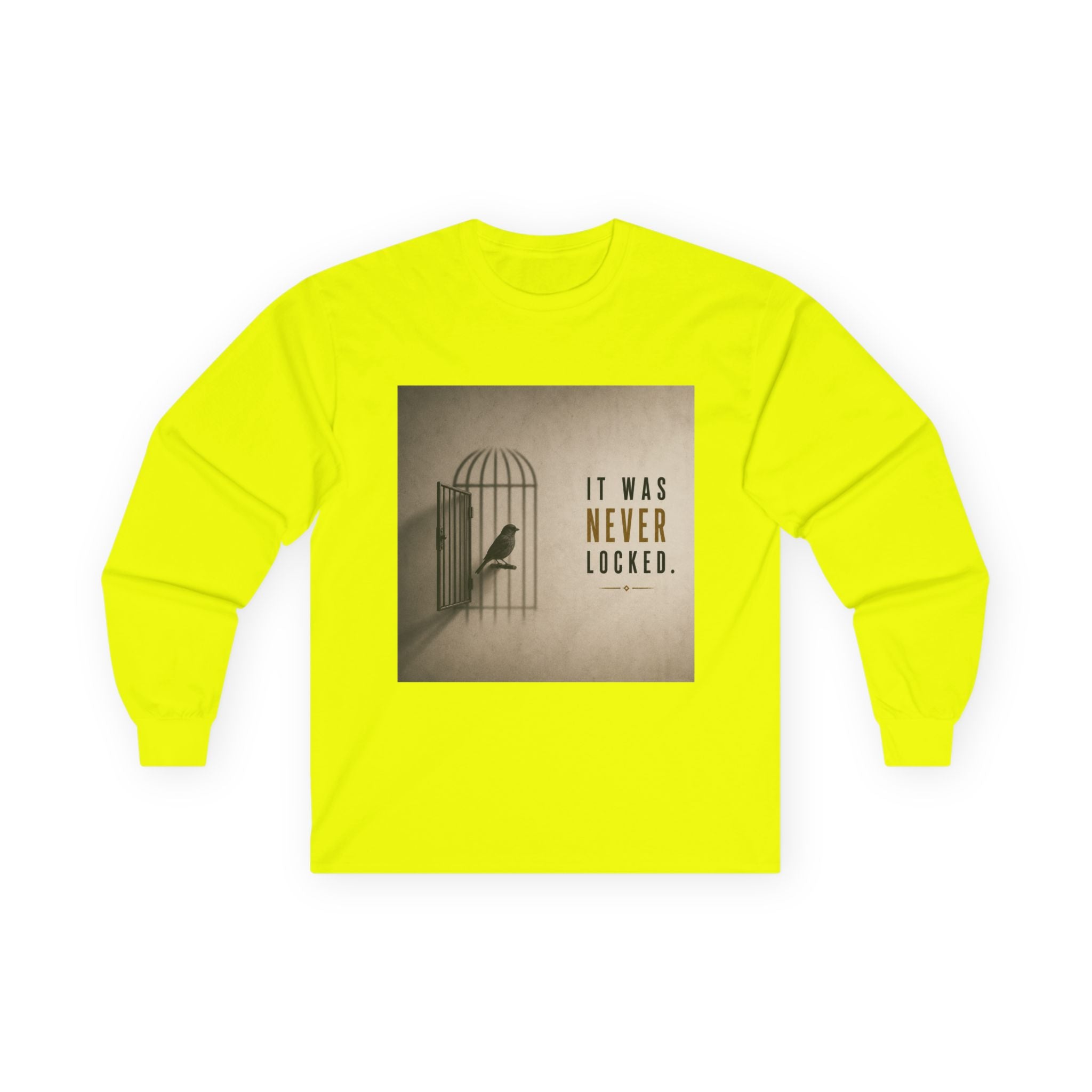 Long Sleeve Tee — "It Was Never Locked" Bird Cage Freedom Graphic
