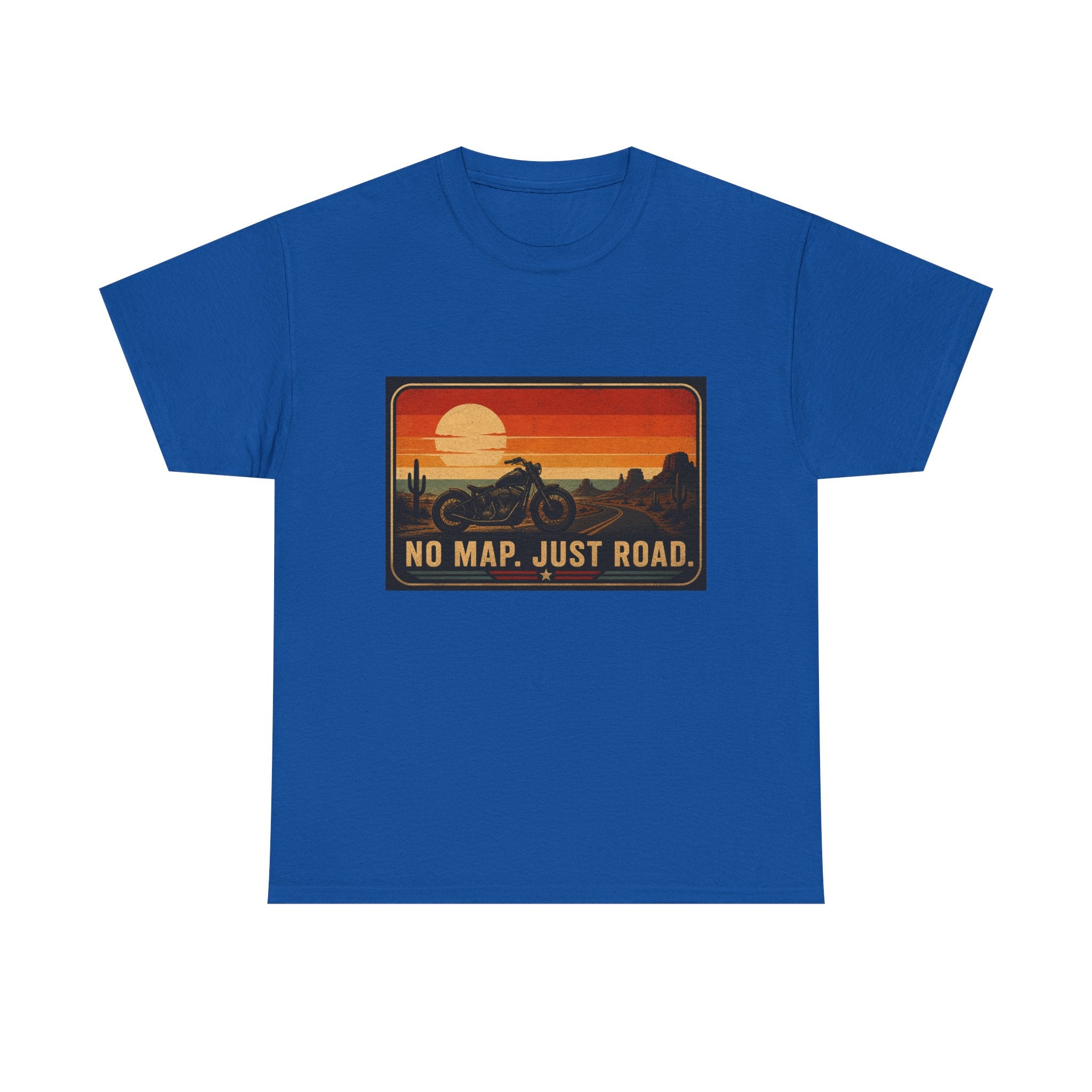 Motorcycle Sunset T‑Shirt — “No Map. Just Road.” Retro Adventure Tee