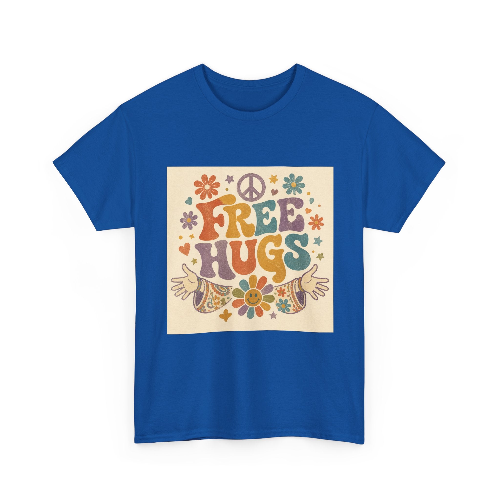 Free Hugs Tee — Retro 70s Floral Peace T-Shirt