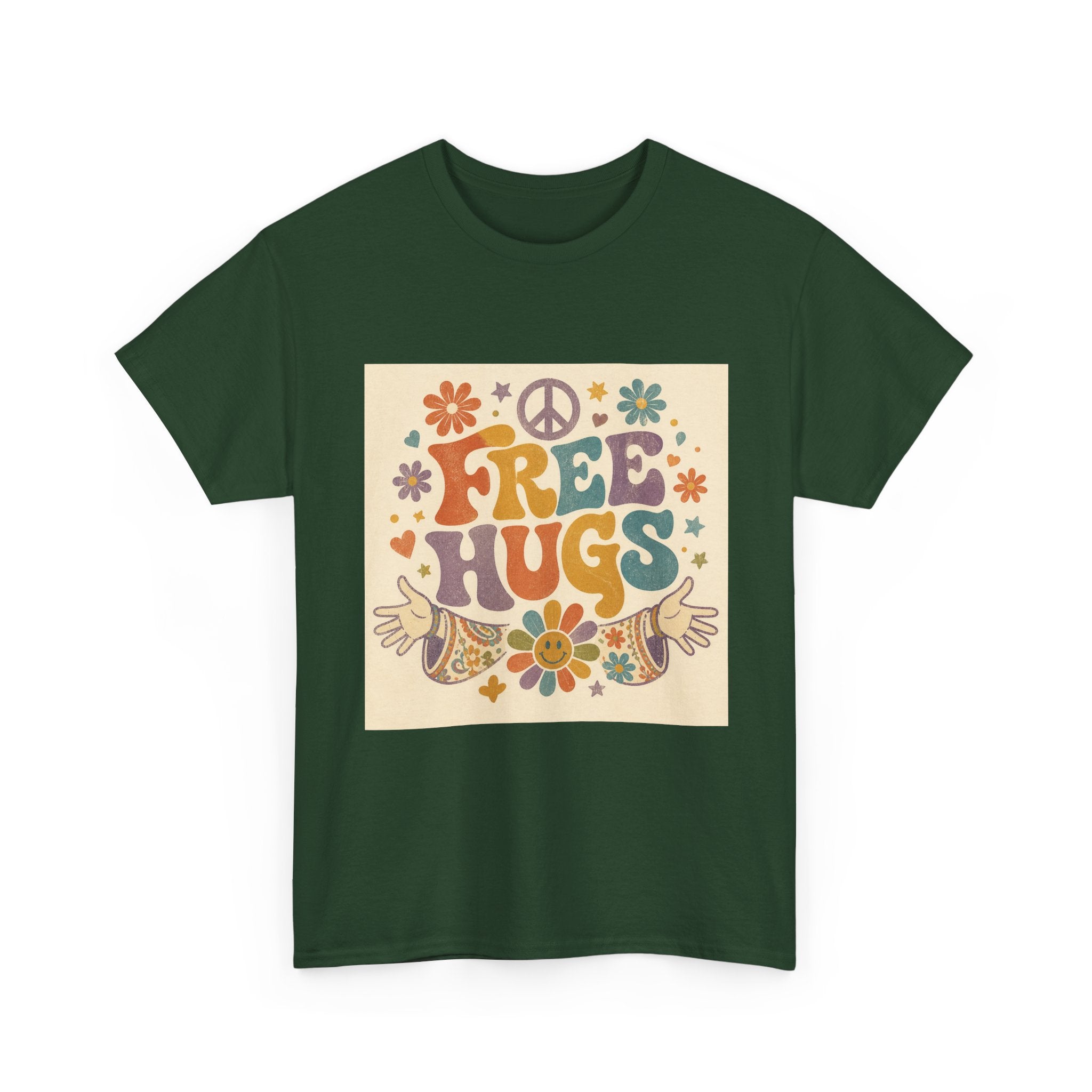 Free Hugs Tee — Retro 70s Floral Peace T-Shirt
