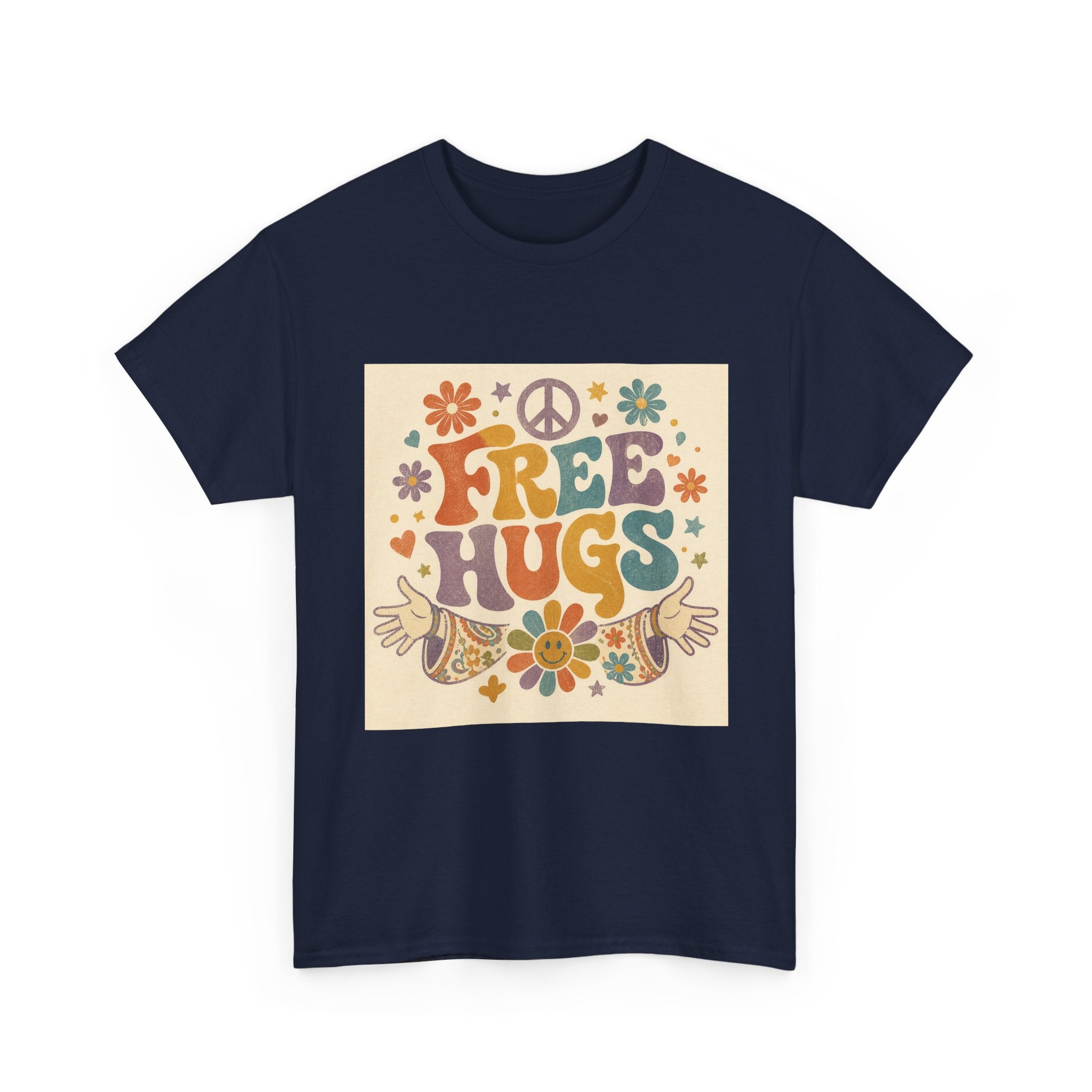 Free Hugs Tee — Retro 70s Floral Peace T-Shirt