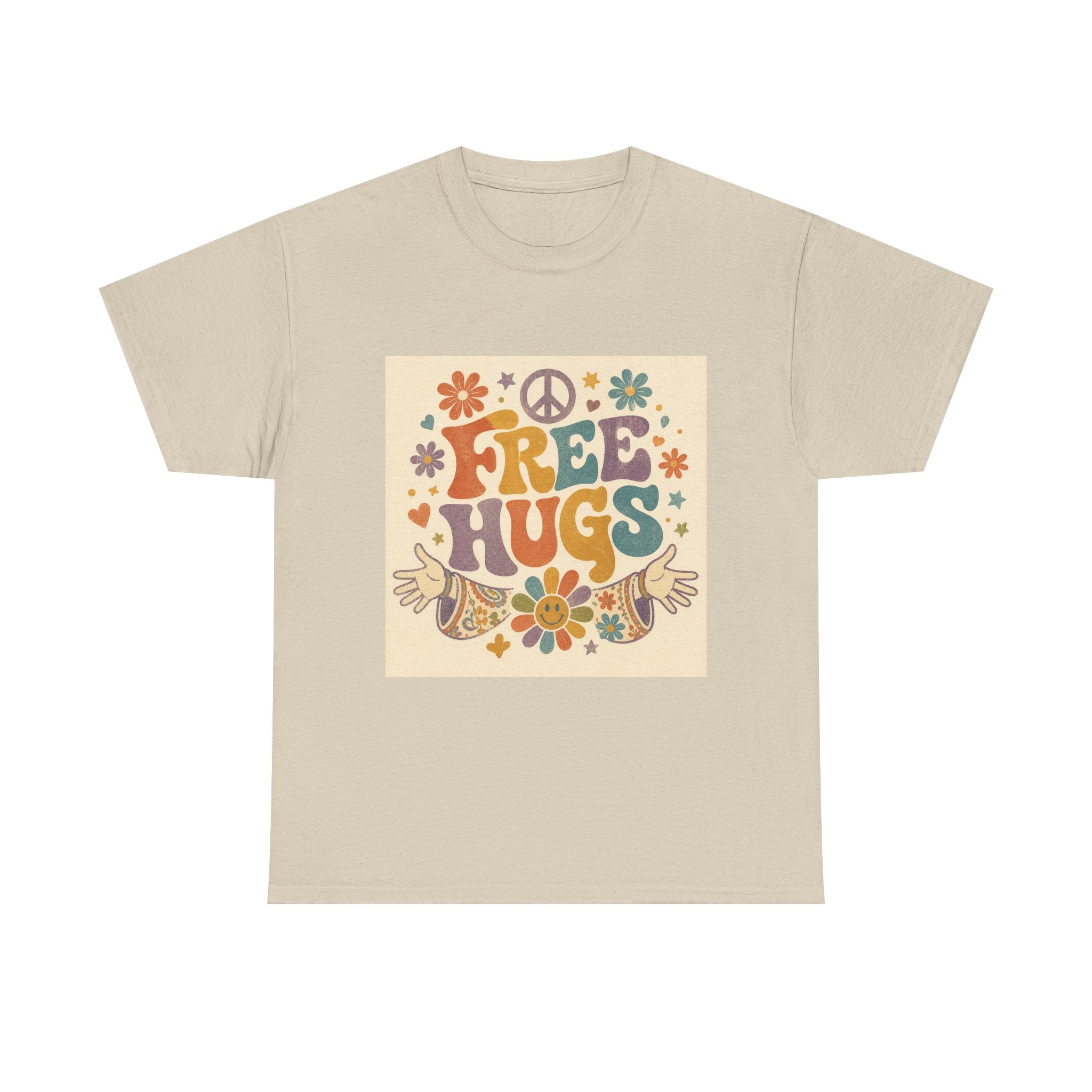 Free Hugs Tee — Retro 70s Floral Peace T-Shirt