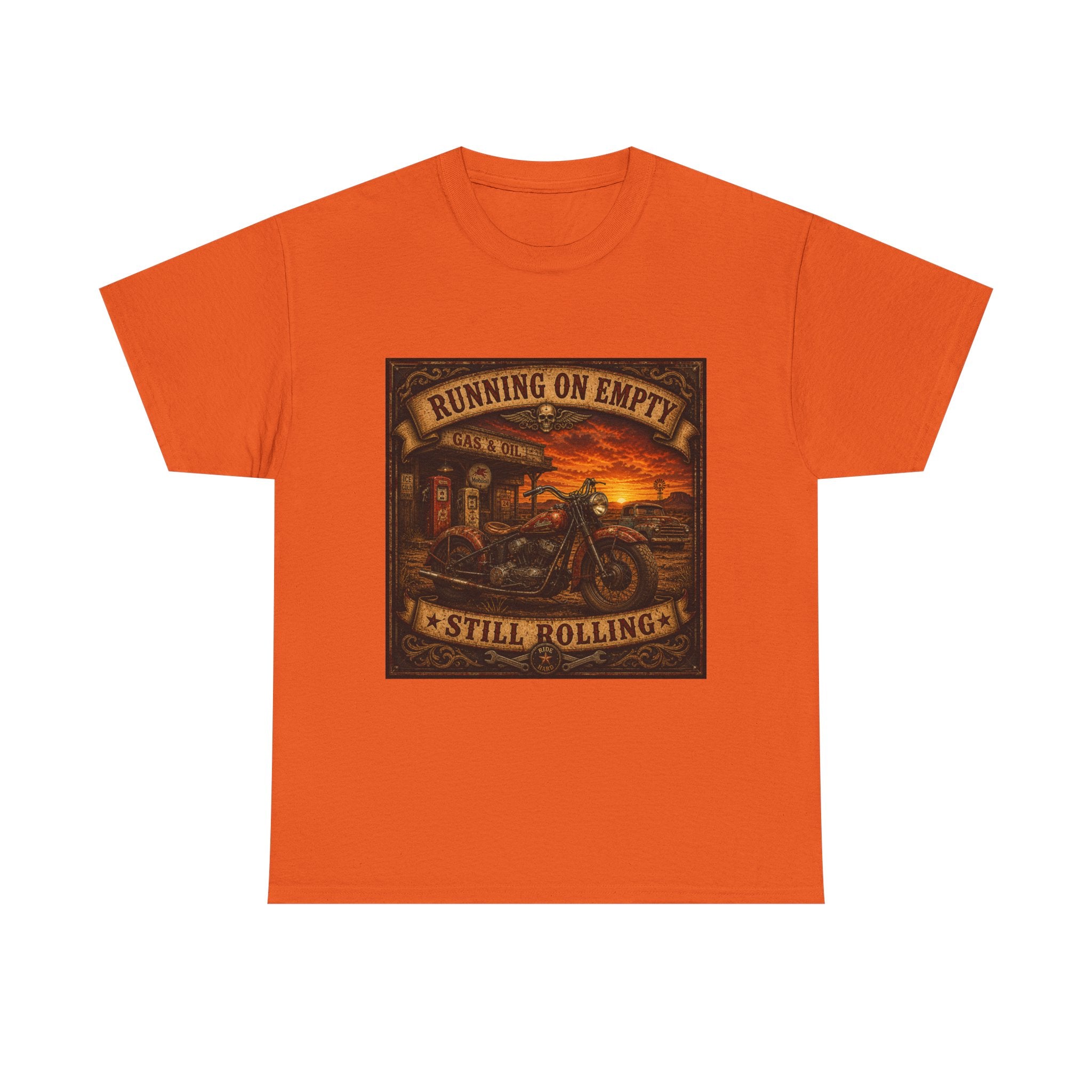 Running on Empty Motorcycle Tee — Vintage Biker Shirt ("Running on Empty Still Rolling")
