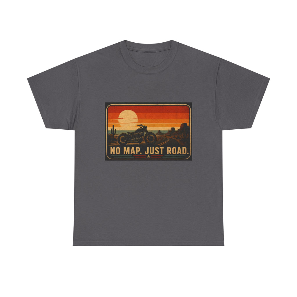 Motorcycle Sunset T‑Shirt — “No Map. Just Road.” Retro Adventure Tee