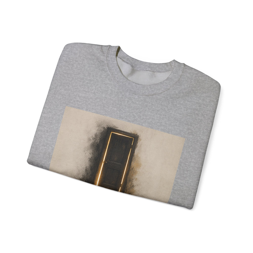 Crewneck Sweatshirt — 'Nothing Works Till You Agree With It' Motivational Door Graphic