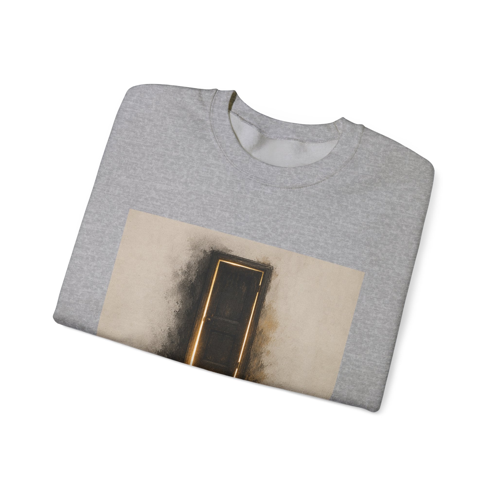 Crewneck Sweatshirt — 'Nothing Works Till You Agree With It' Motivational Door Graphic