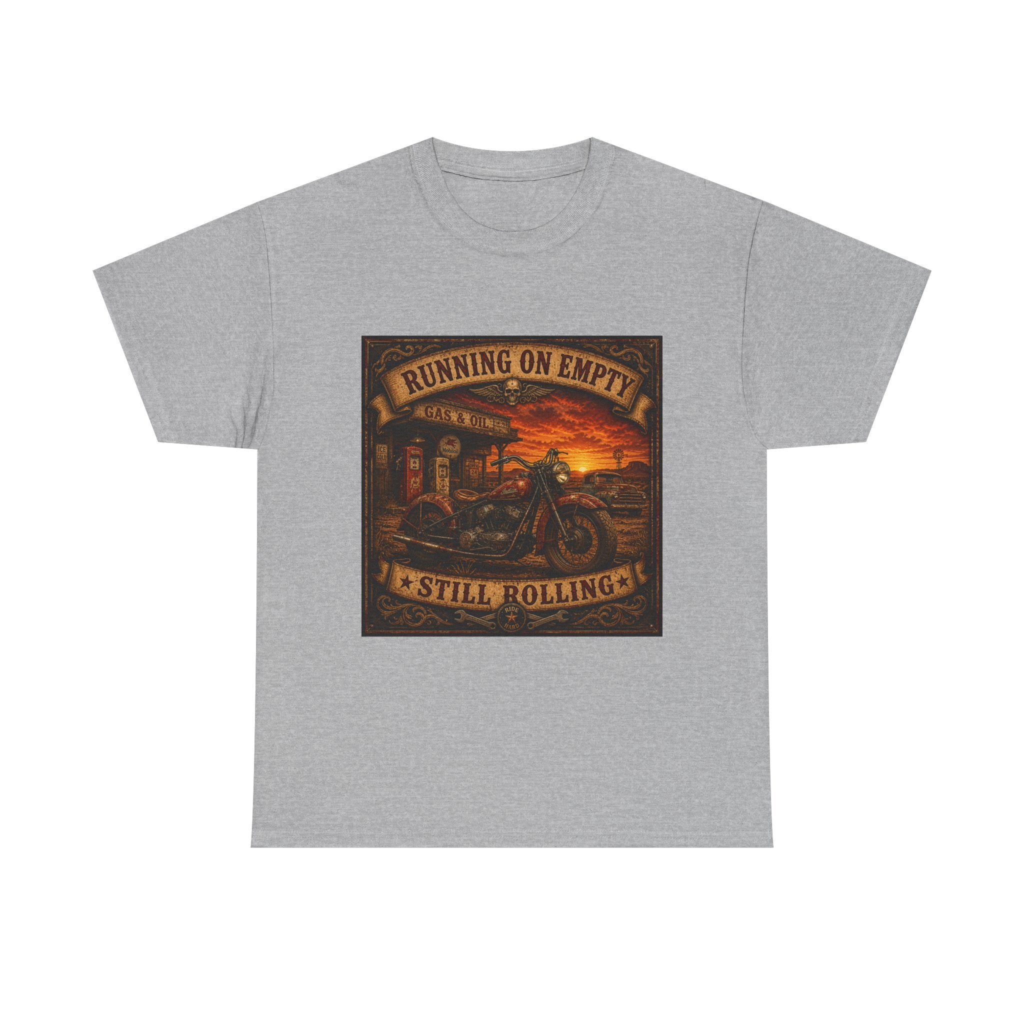 Running on Empty Motorcycle Tee — Vintage Biker Shirt ("Running on Empty Still Rolling")