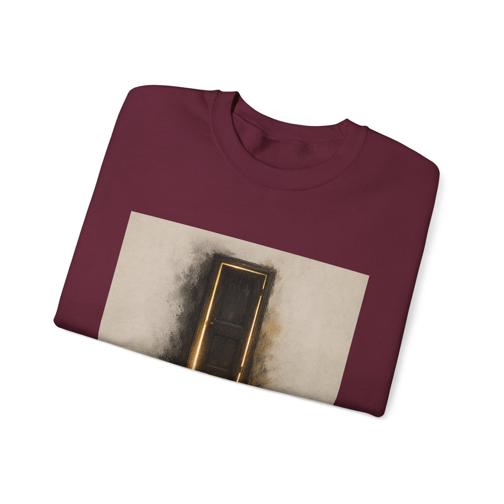 Crewneck Sweatshirt — 'Nothing Works Till You Agree With It' Motivational Door Graphic