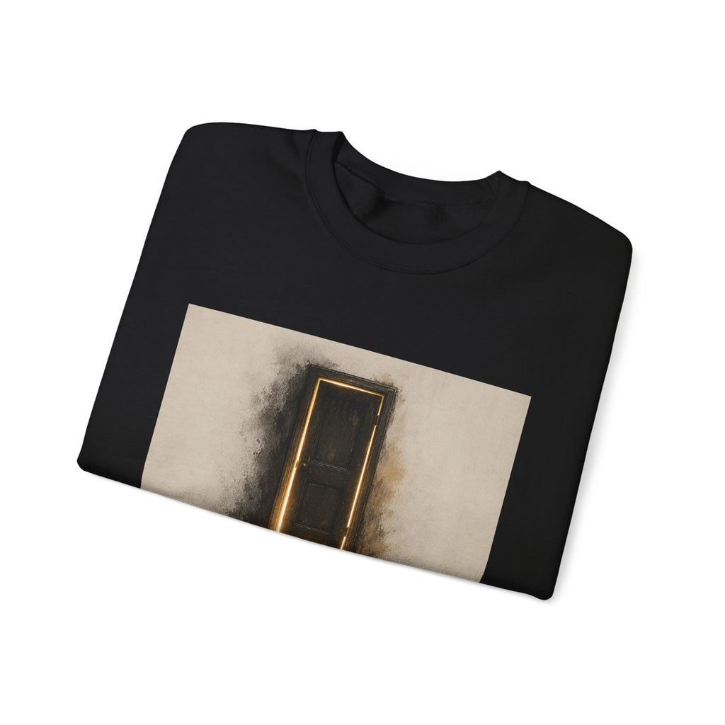 Crewneck Sweatshirt — 'Nothing Works Till You Agree With It' Motivational Door Graphic