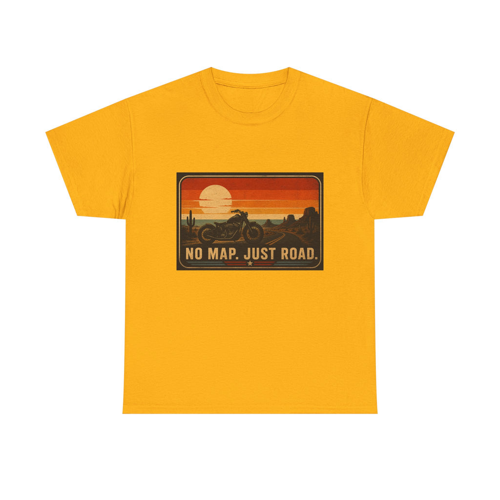 Motorcycle Sunset T‑Shirt — “No Map. Just Road.” Retro Adventure Tee