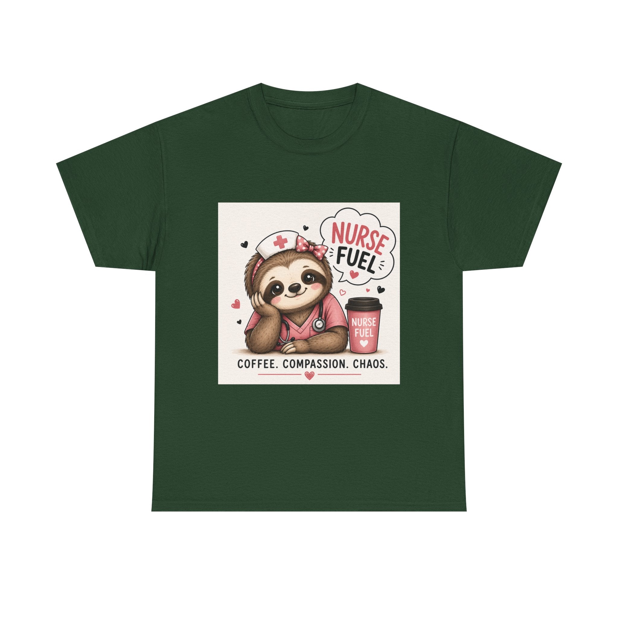 Nurse Fuel Sloth T‑Shirt — Coffee, Compassion, Chaos Cute Nursing Tee