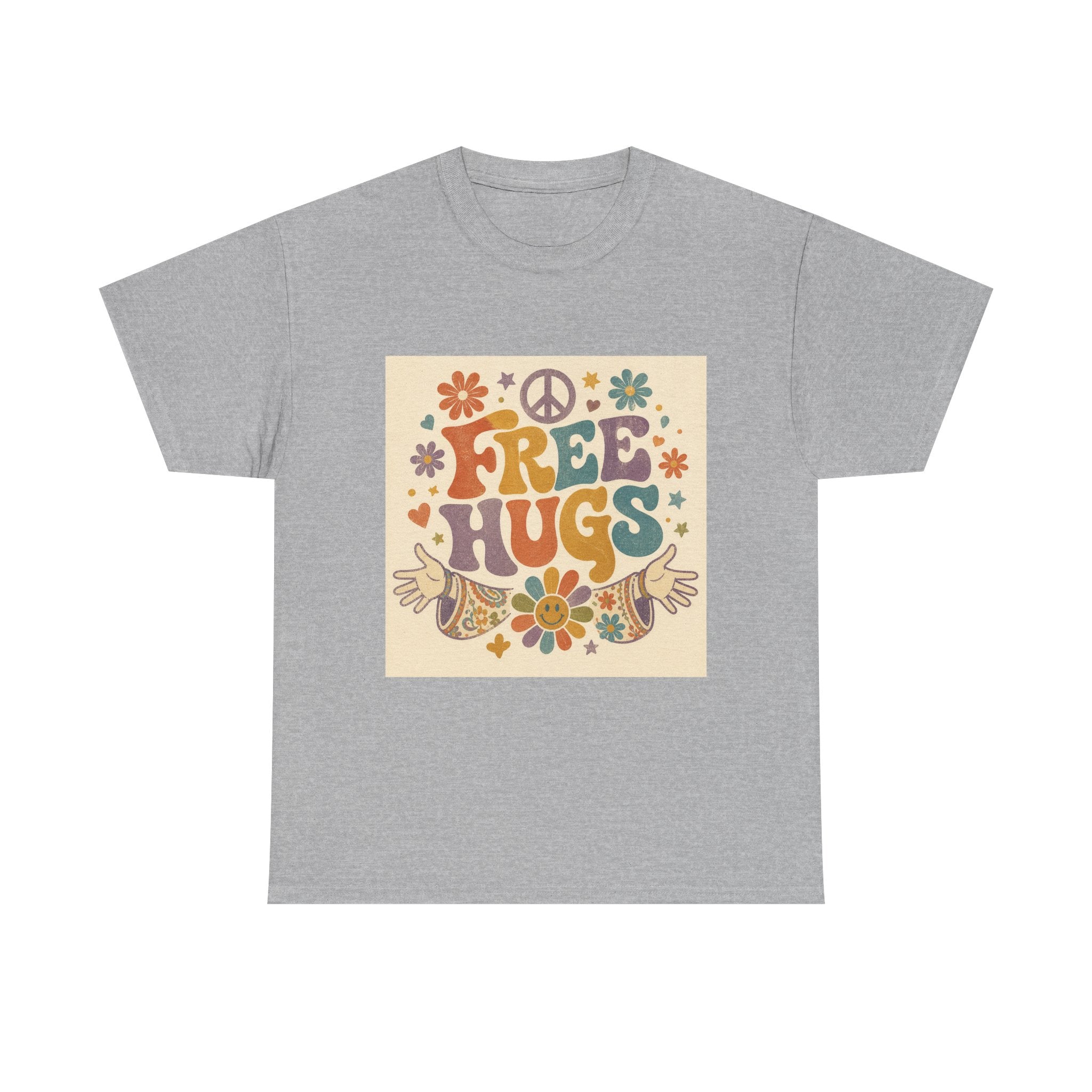 Free Hugs Tee — Retro 70s Floral Peace T-Shirt