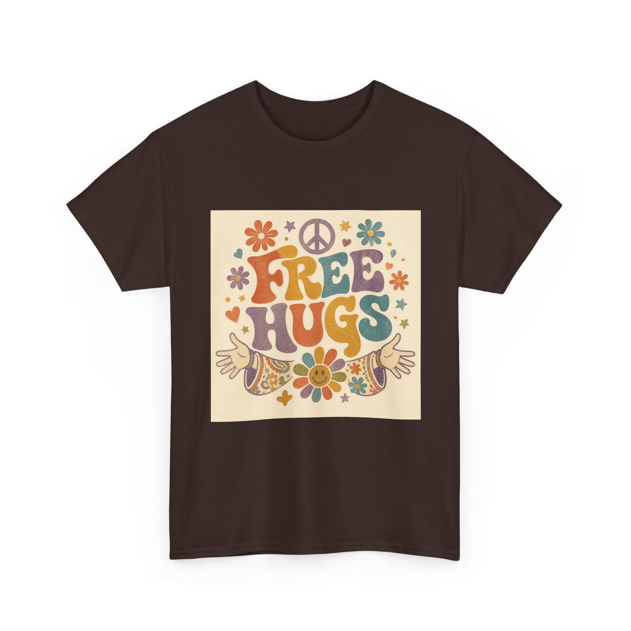 Free Hugs Tee — Retro 70s Floral Peace T-Shirt