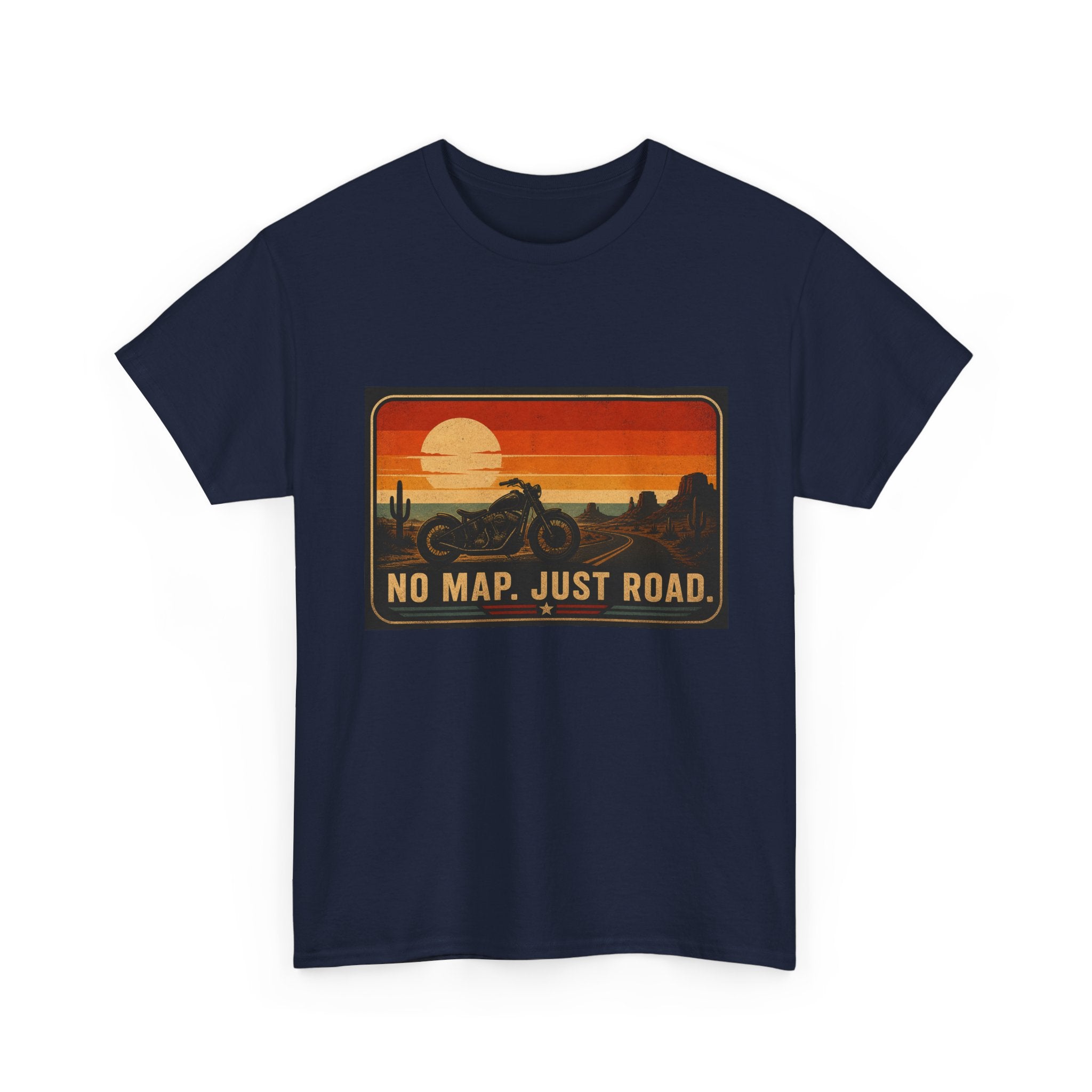 Motorcycle Sunset T‑Shirt — “No Map. Just Road.” Retro Adventure Tee